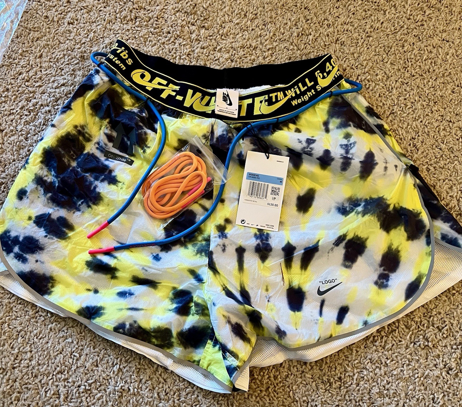$120 NEW Nike X OFF WHITE NRG Running Shorts Volt Tiedye CK4809 Women’s Medium M