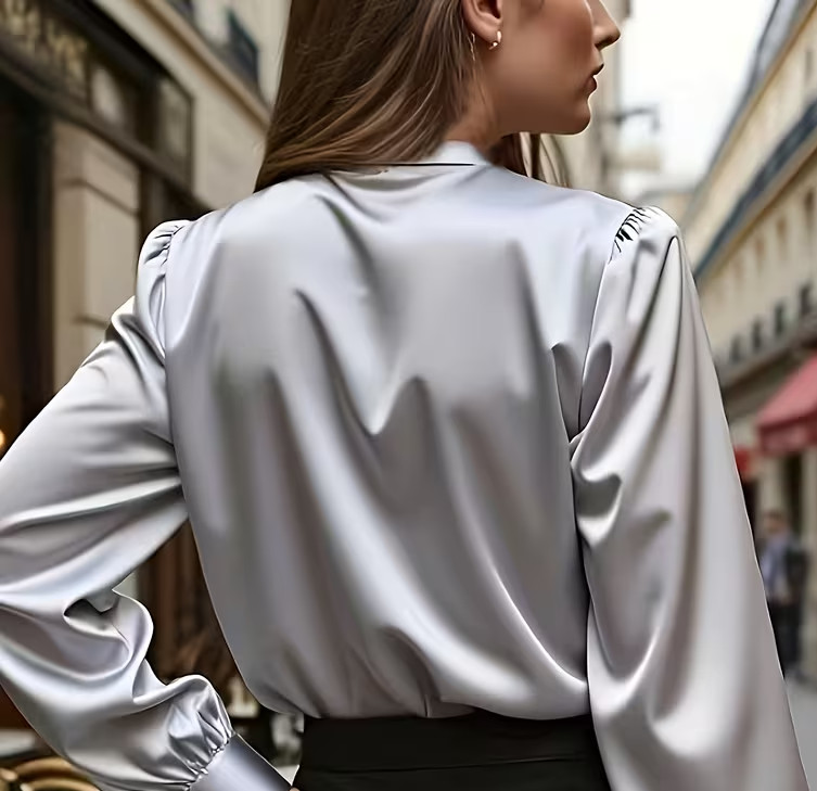 New Classy Elegant Silky Silver Satin Long Sleeve Blouse Plus 4X NEW