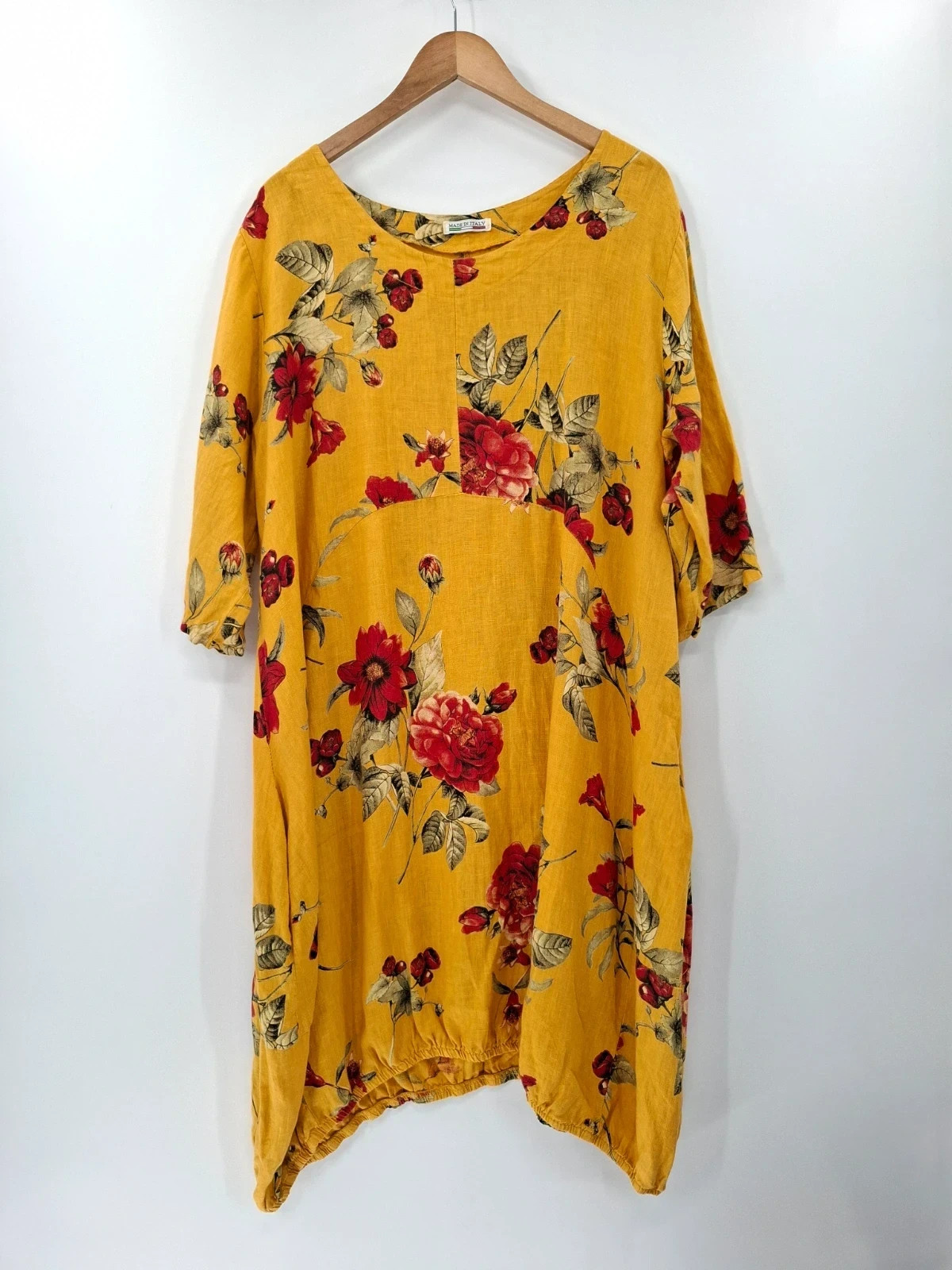 Made In Italy Yellow Floral Linen Balloon Hem cocoon Midi Dress summer One Size