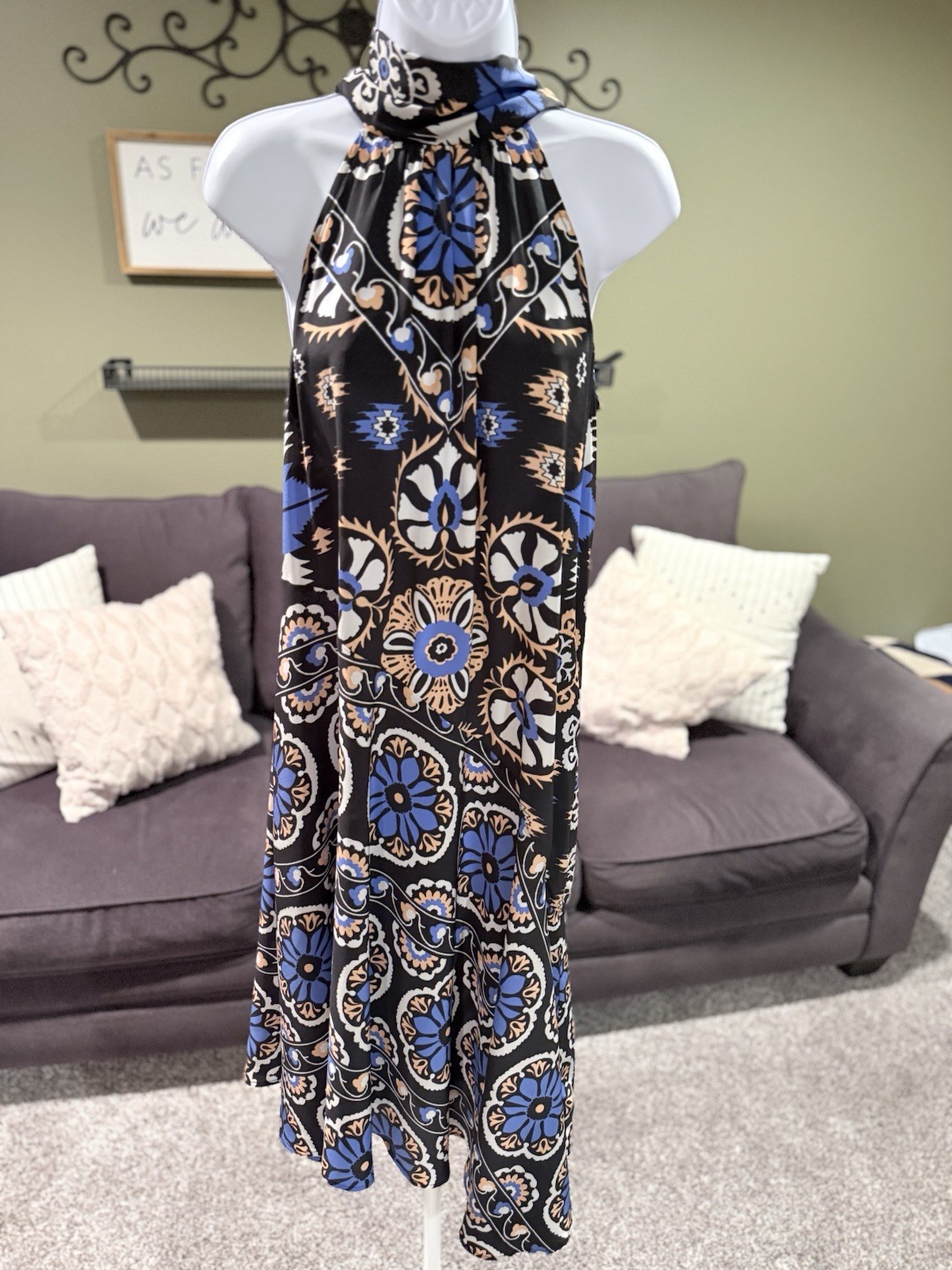 Anthropologie XS 100% Silk Boho Black Blue Beige Floral Halter Midi Shift Dress