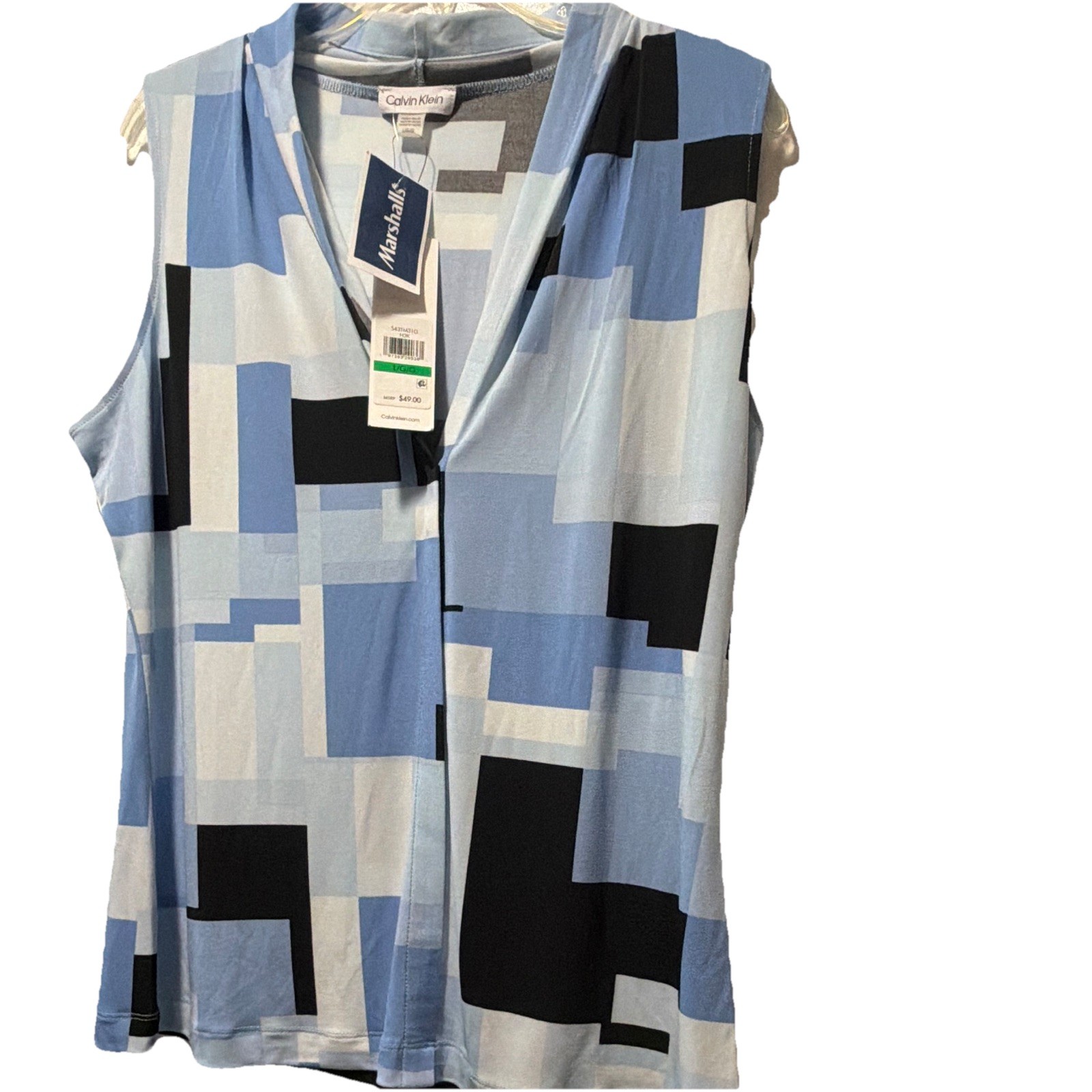 Calvin Klein Blue/Black/White Geometric V-Neck Sleeveless Blouse Size L