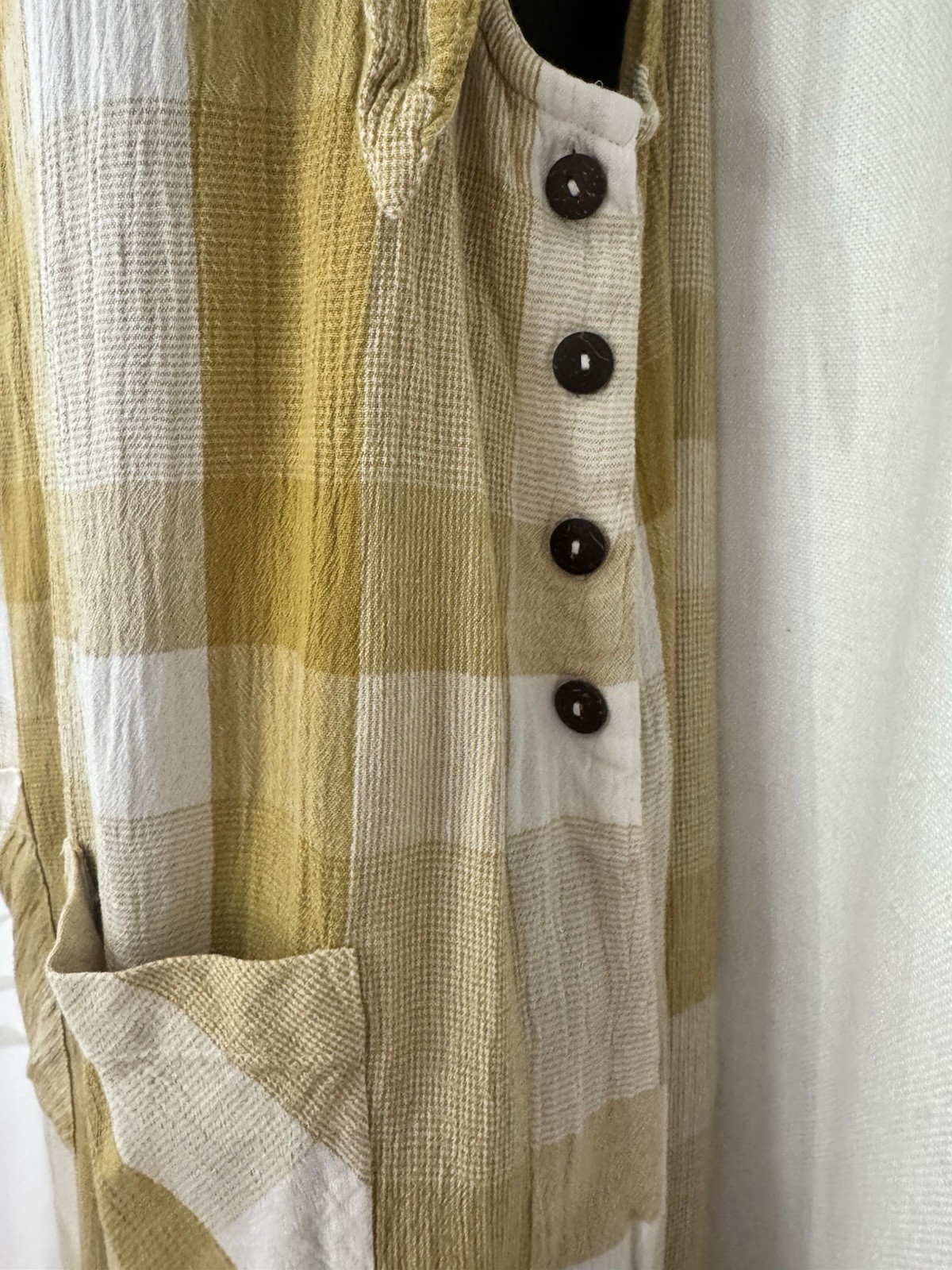 Free People Women’s Jumpsuit Size Med Yellow green Plaid Tie Shoulders Pocket