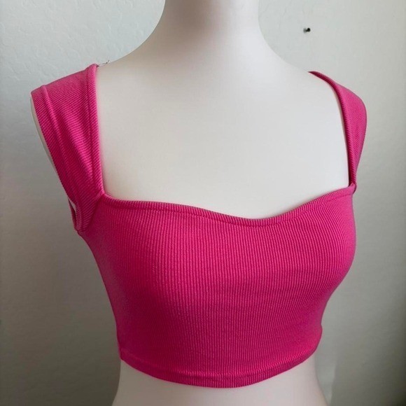 Pink ribbed crop top with sweetheart neckline barbie core neon pink