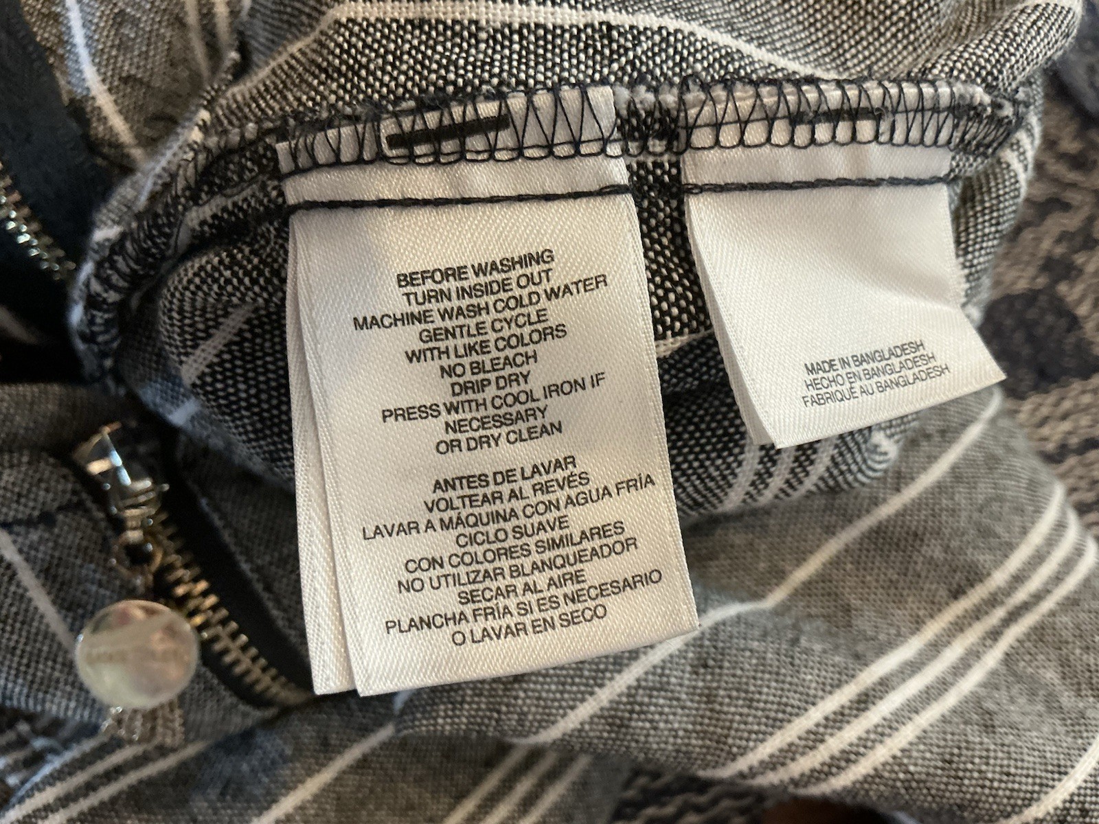 Quality Anne Klein 3/4 Zip Tunic, Gray/White Stripes, Monogram Buttons Silver