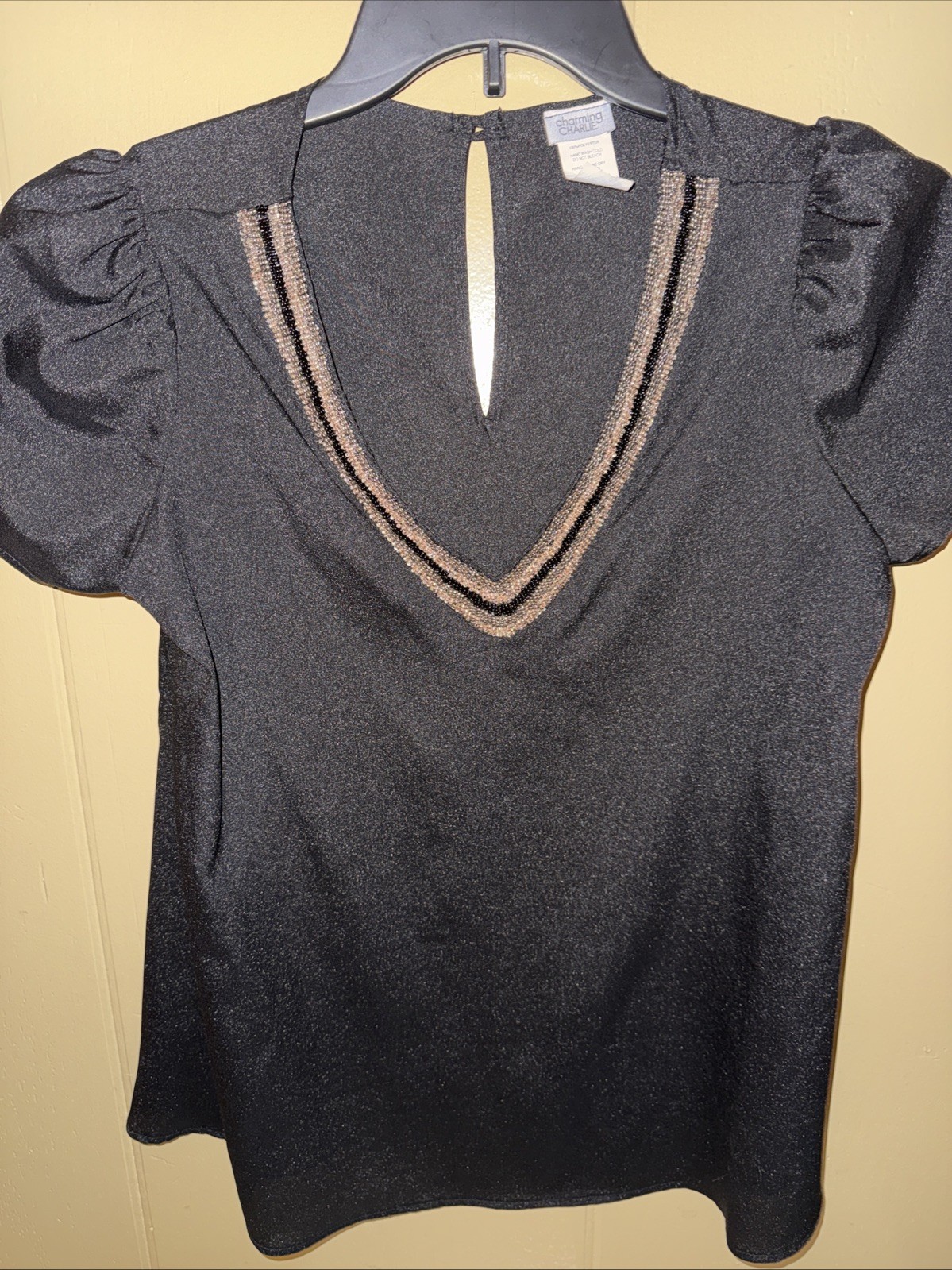 Charming Charlies Blouse Medium Black With Gold Trim