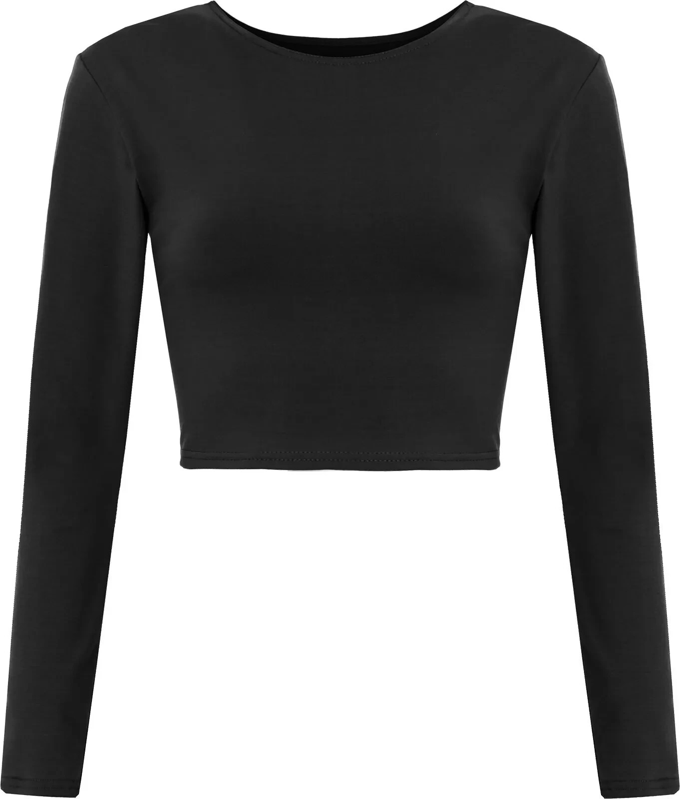 New Womens Crop Basic Long Sleeve T Shirt Ladies Short Plain Round Neck Top 8-14