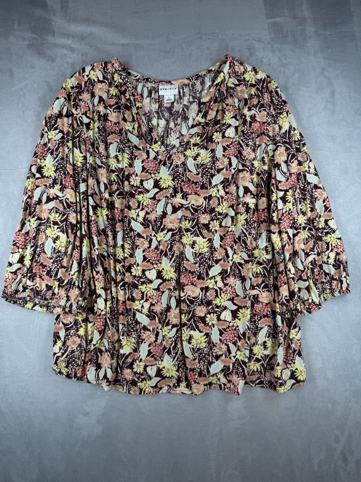 Ava & Viv Women’s V-Neck Brown Floral Leaves 3/4 Sleeve Blouse Size X