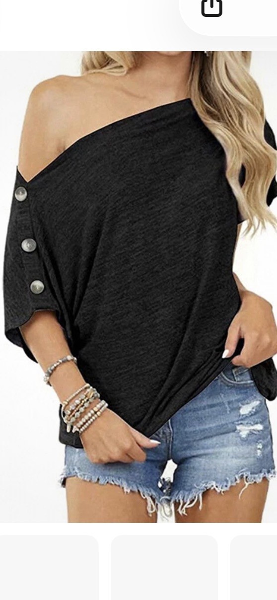 Womens Short Sleeve Tops Ladies Casual Baggy Buttons Off Shoulder T Shirt Blouse