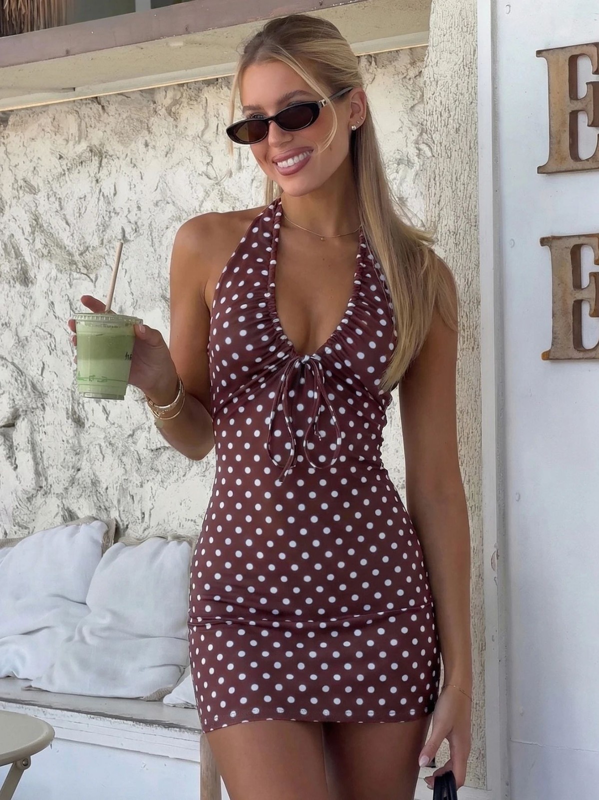 Women’s Polka Dot Halter Mini Dress Backless Lace Up Summer Dress