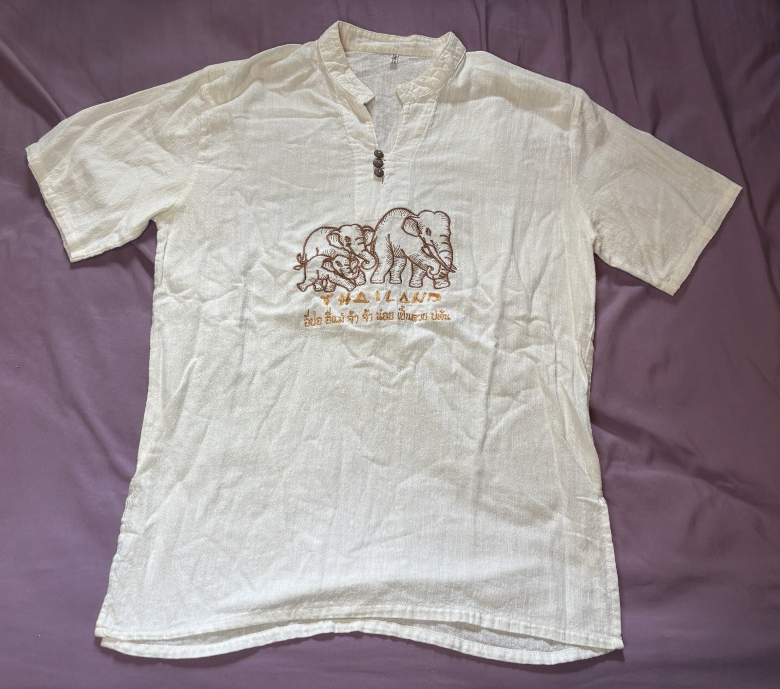 Vintage Thailand Elephant Shirt Womens XL Cream Short Sleeve Cultural Local