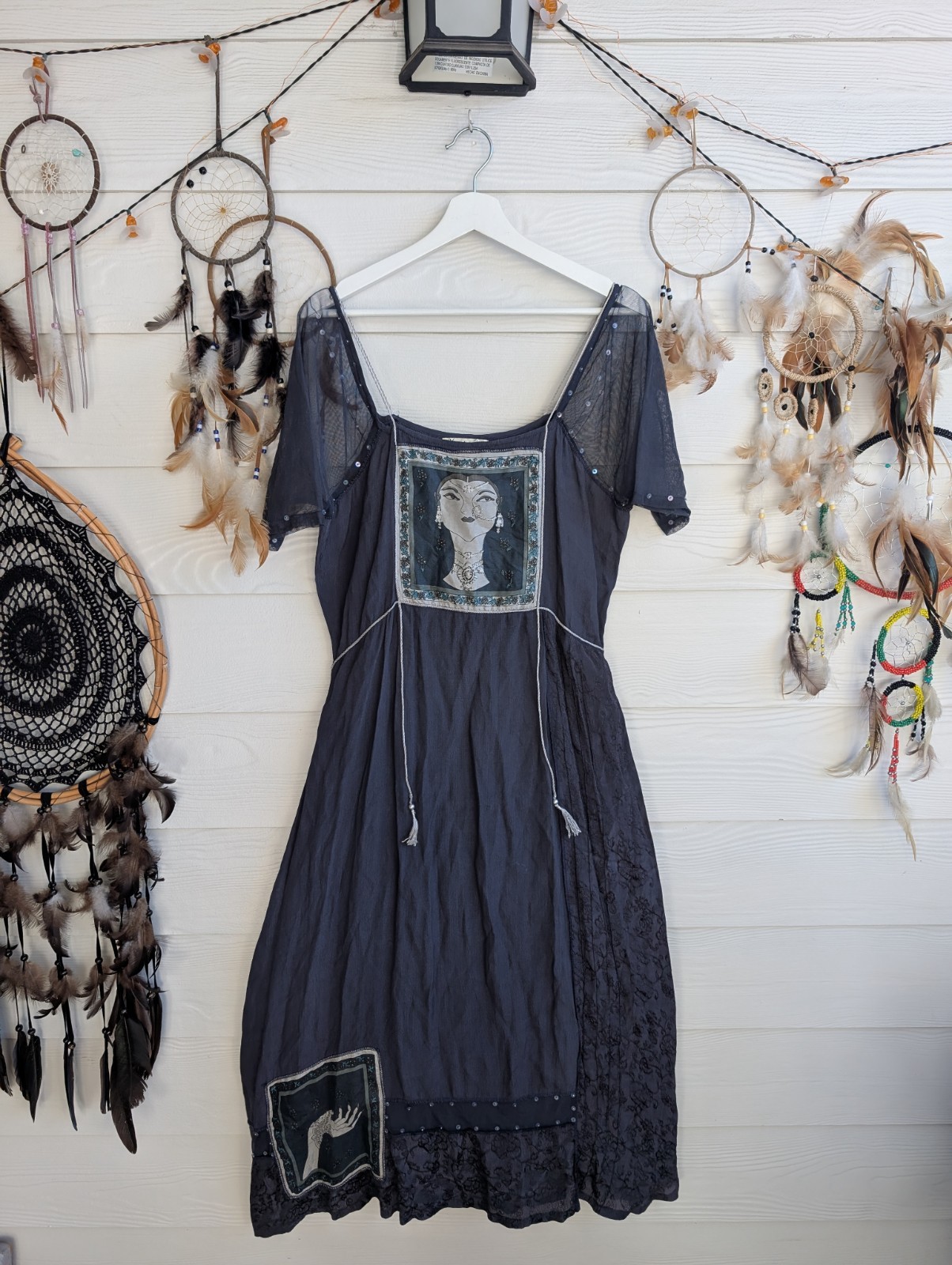 Nataya Bohemian Gray Dress with Artistic Print SzL