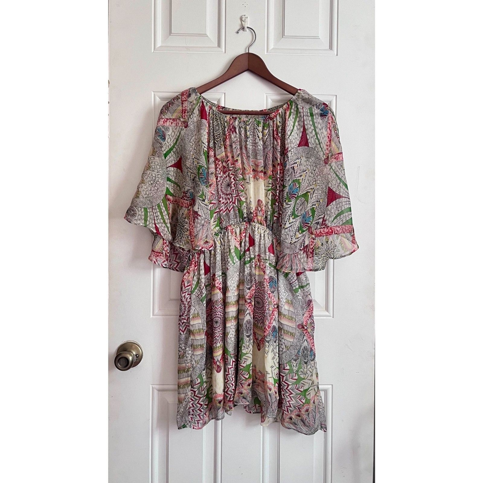 Boho artsy abstract print dress flowy flutter batwing sleeve medium