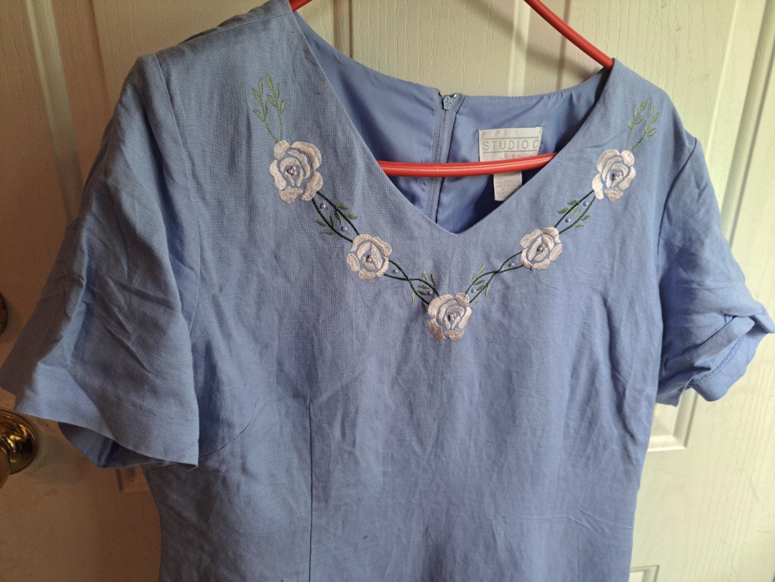 Studio C Women’s Blue Dress 55% Linen, 45% Rayon Maxi Sz 18 EMbroidered