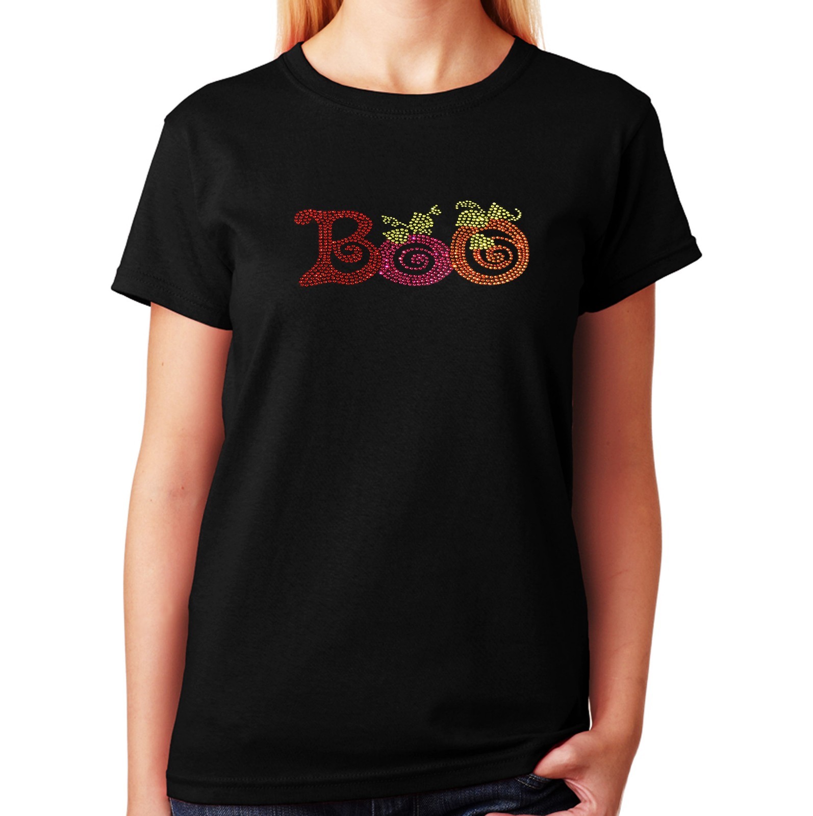 Women’s / Unisex Rhinestone T-shirt ” Colorful Halloween Boo ” in Sm to 3XL