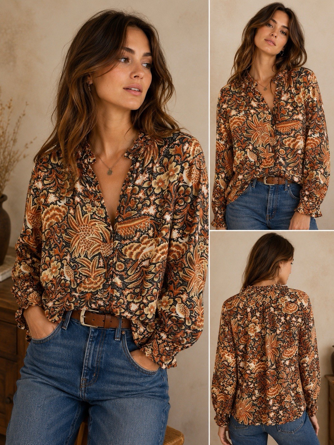 Pilcro Brown/Black/Beige Floral Woven V-Neck Lined Button-Front Blouse L