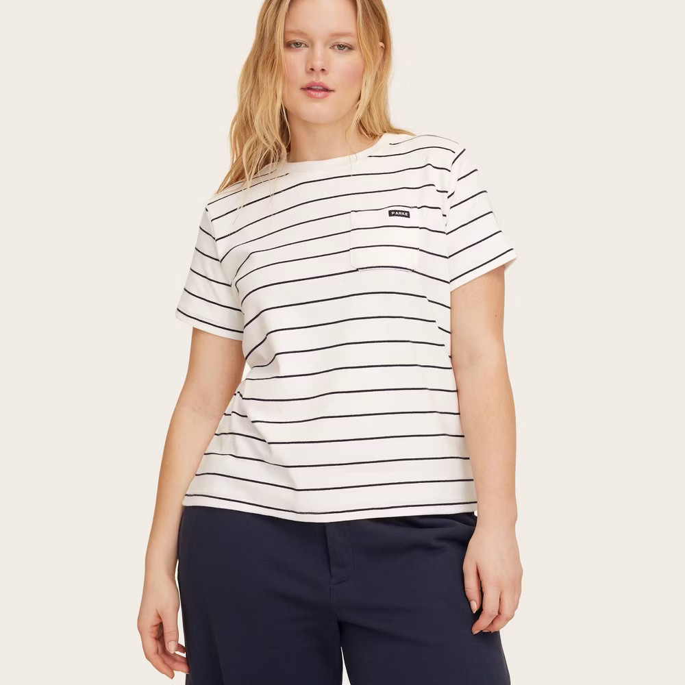 Women Short Sleeve Crewneck Pocket T-Shirt – Parke Navy Blue Striped M