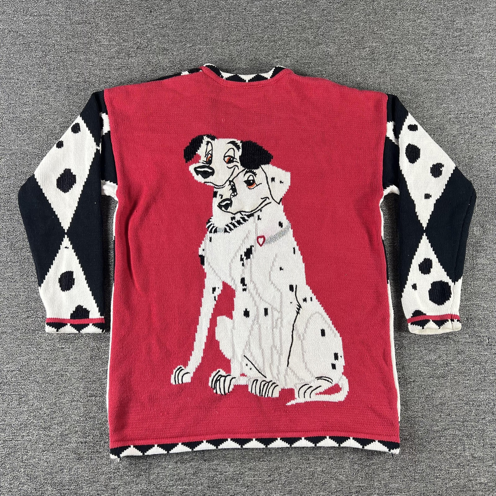 Vintage Disney Cardigan Sweater Womens Small Red 101 Dalmatians Argyle Knit 90s