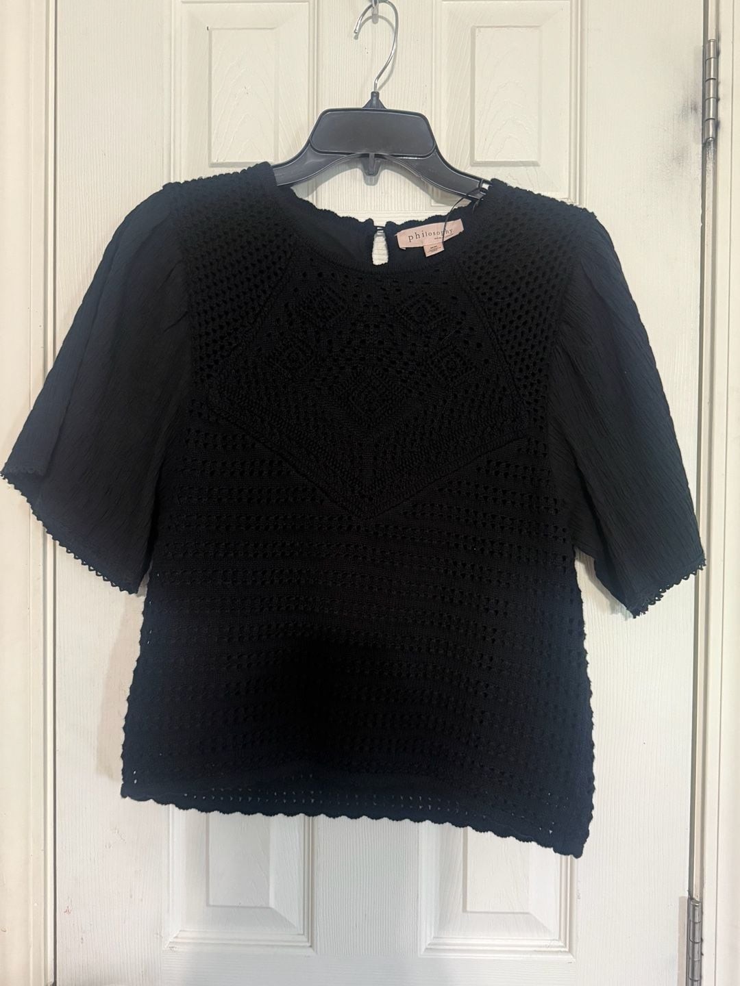 Philosophy Republic Black Crochet Lace Top M Puff Sleeve Boho Blouse NWT