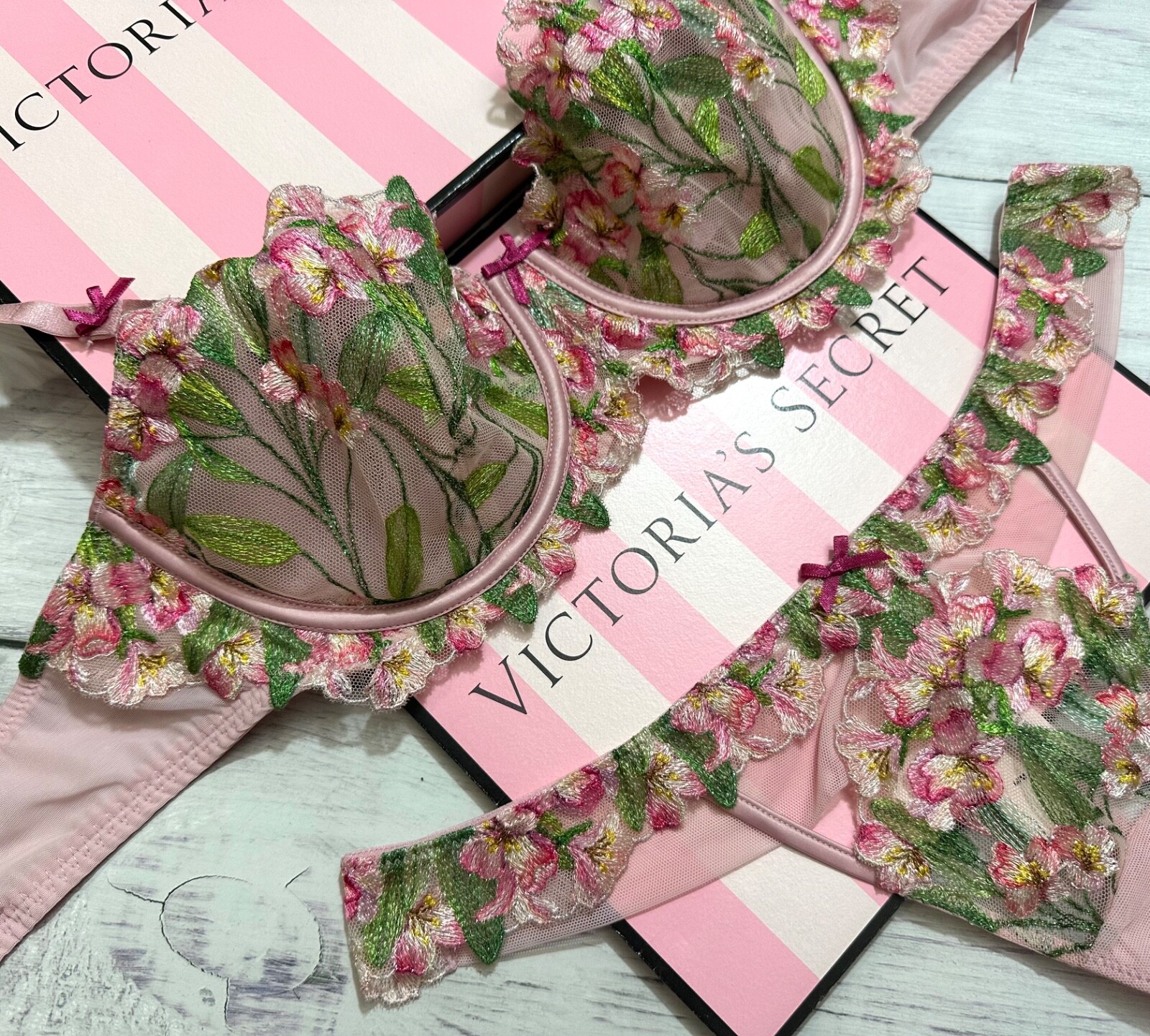 Victoria’s Secret Chalk Rose Embroidery Wicked Unlined Balconette Bra Thong Set