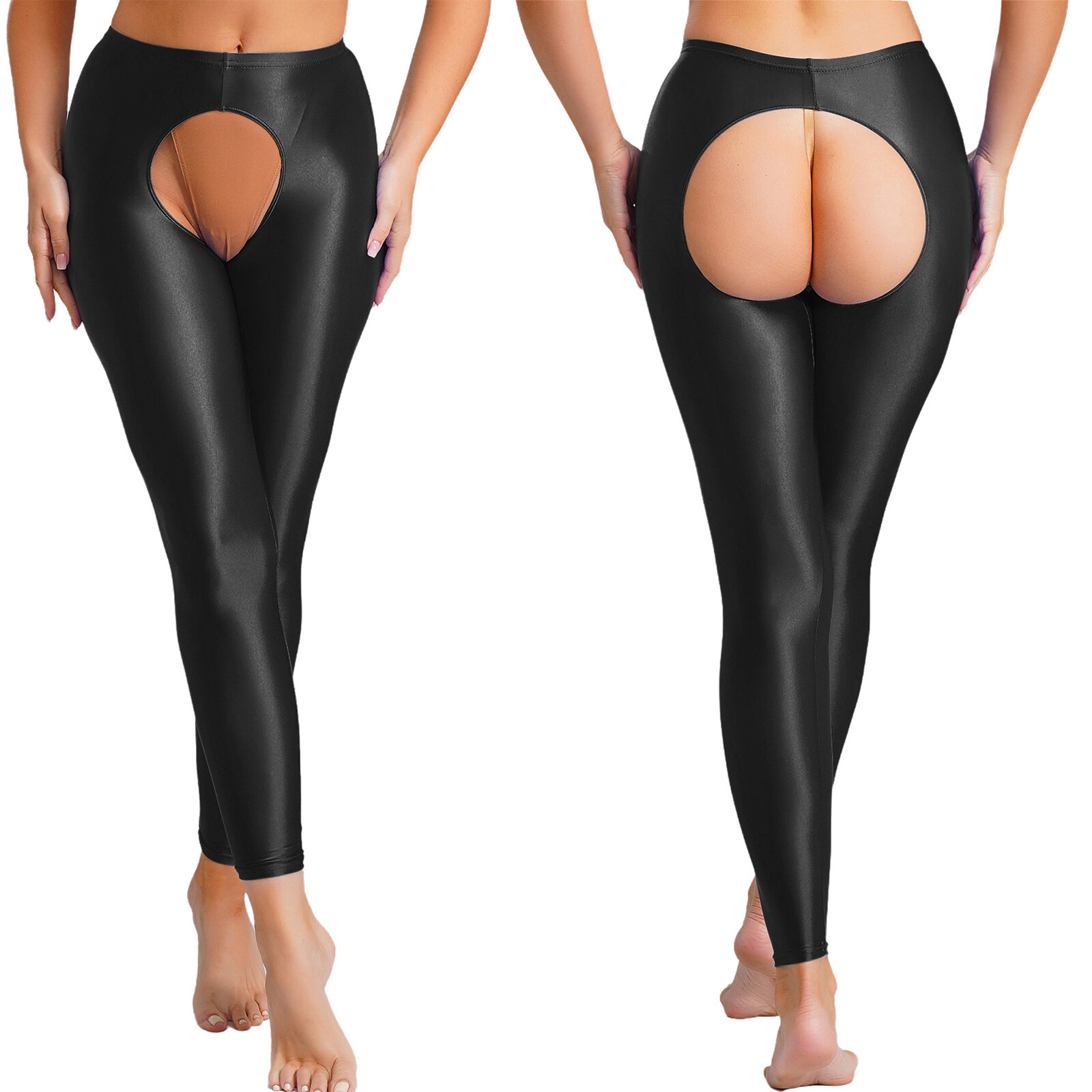 US Women’s Sheer Open Crotch Pants Tights Shiny Oil Tights Baselayer Nightwear