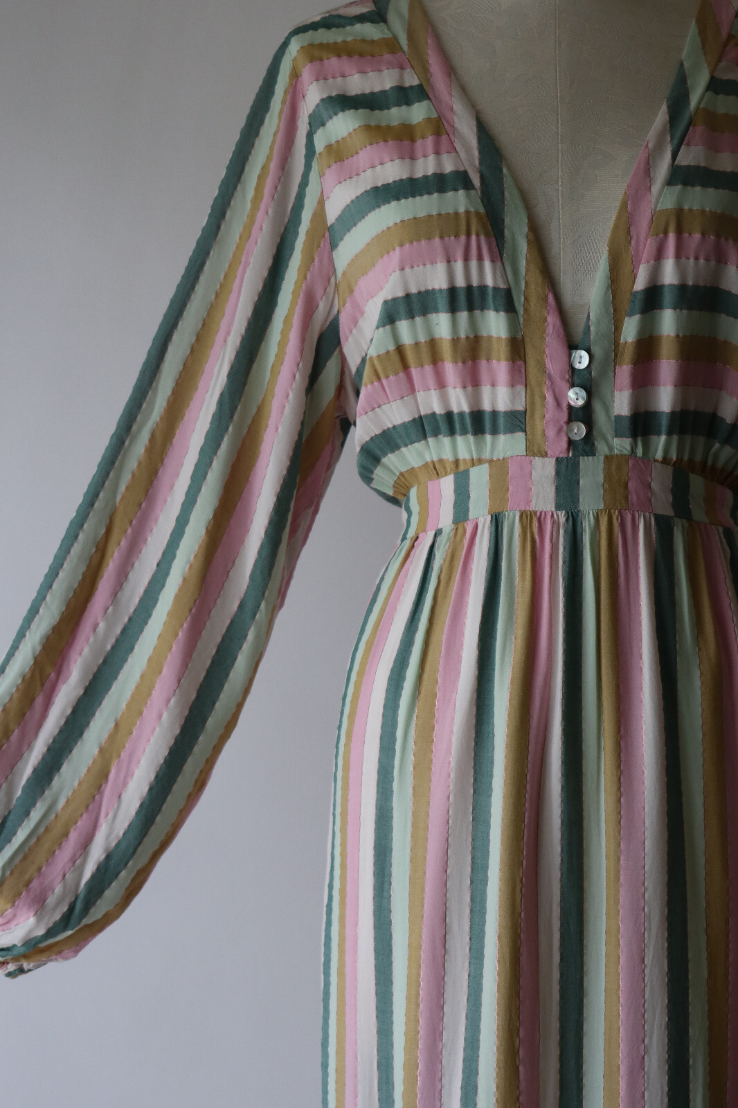 Self Contrast Pastel Metallic Stripe Bohemian Prairie Peasant Maxi Dress Women L
