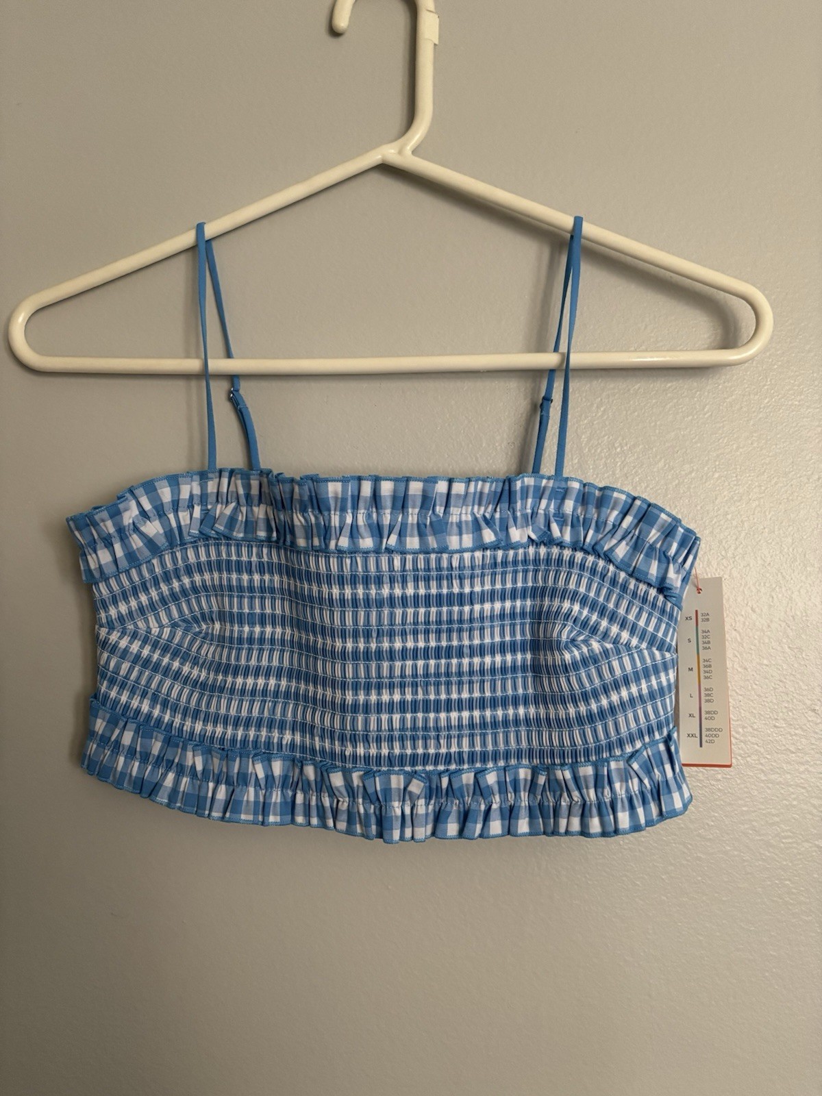 Colsie Blue/White Gingham Ruffle Bralette Bra M Adjustable Spaghetti Wireless