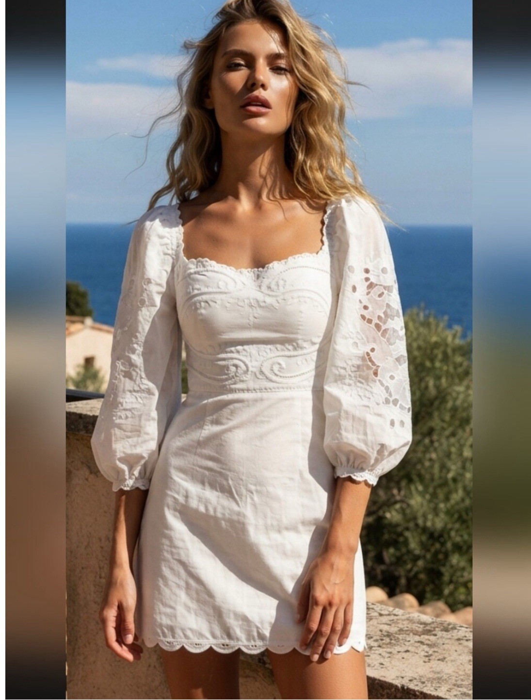 Farm Rio medium cream Linen Peasant Mini Dress with Puff Sleeves
