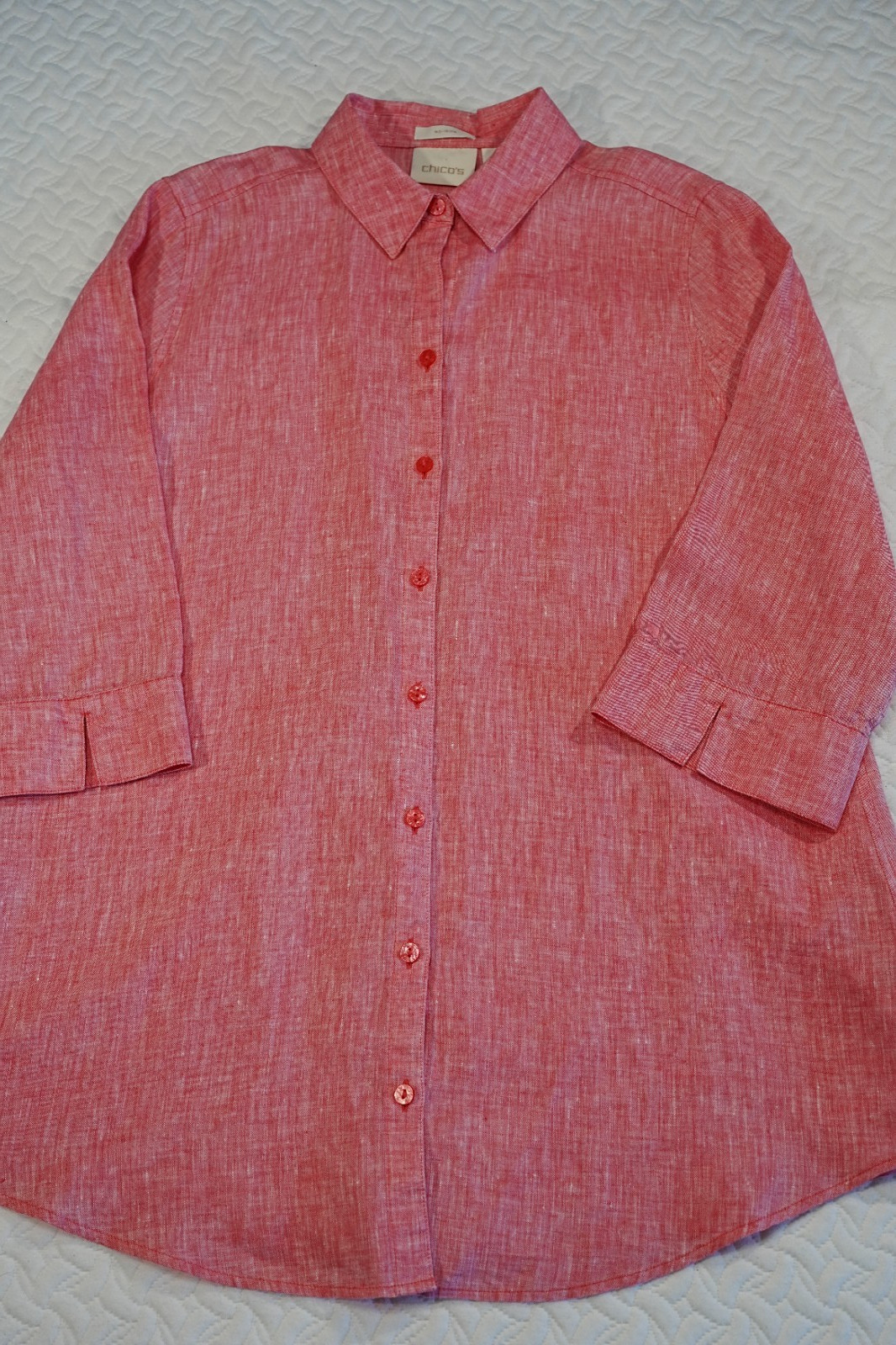 Chico’s 1 Medium 100% Linen No Iron Button Front Tunic Shirt Pink Coral