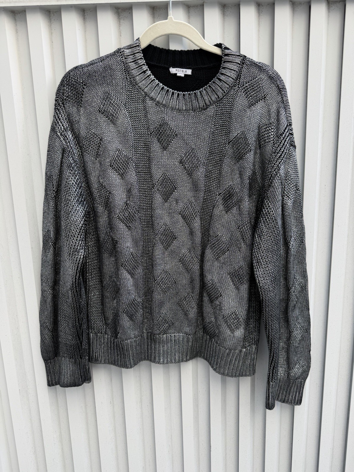 Pistola Metallic Cable Knit Sweater Women’s Small Silver Cotton Crew Neck