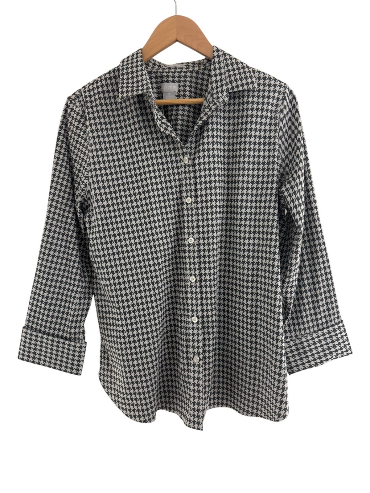Chico’s New Size 2 = 12 No-Iron Coolmax All-Season Stretch Houndstooth Shirt Top