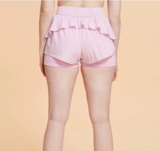 Blogilates Size Large Ruffle Woven High Waisted Shorts 3.75″ Lilac Snow NWT
