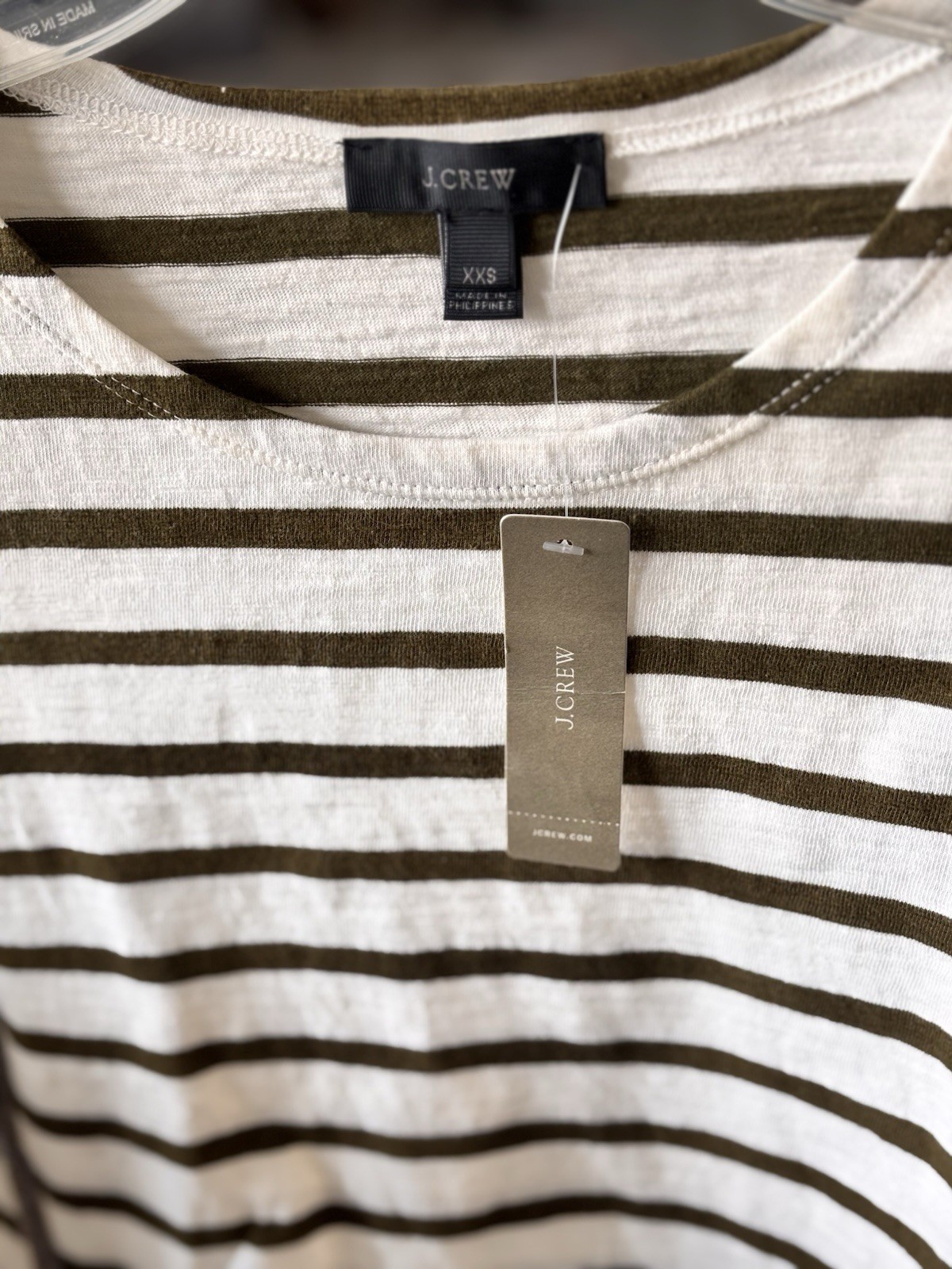 NWT J. Crew 3/4 Sleeve Striped Cotton Shirt Dark Olive Stripe XXS