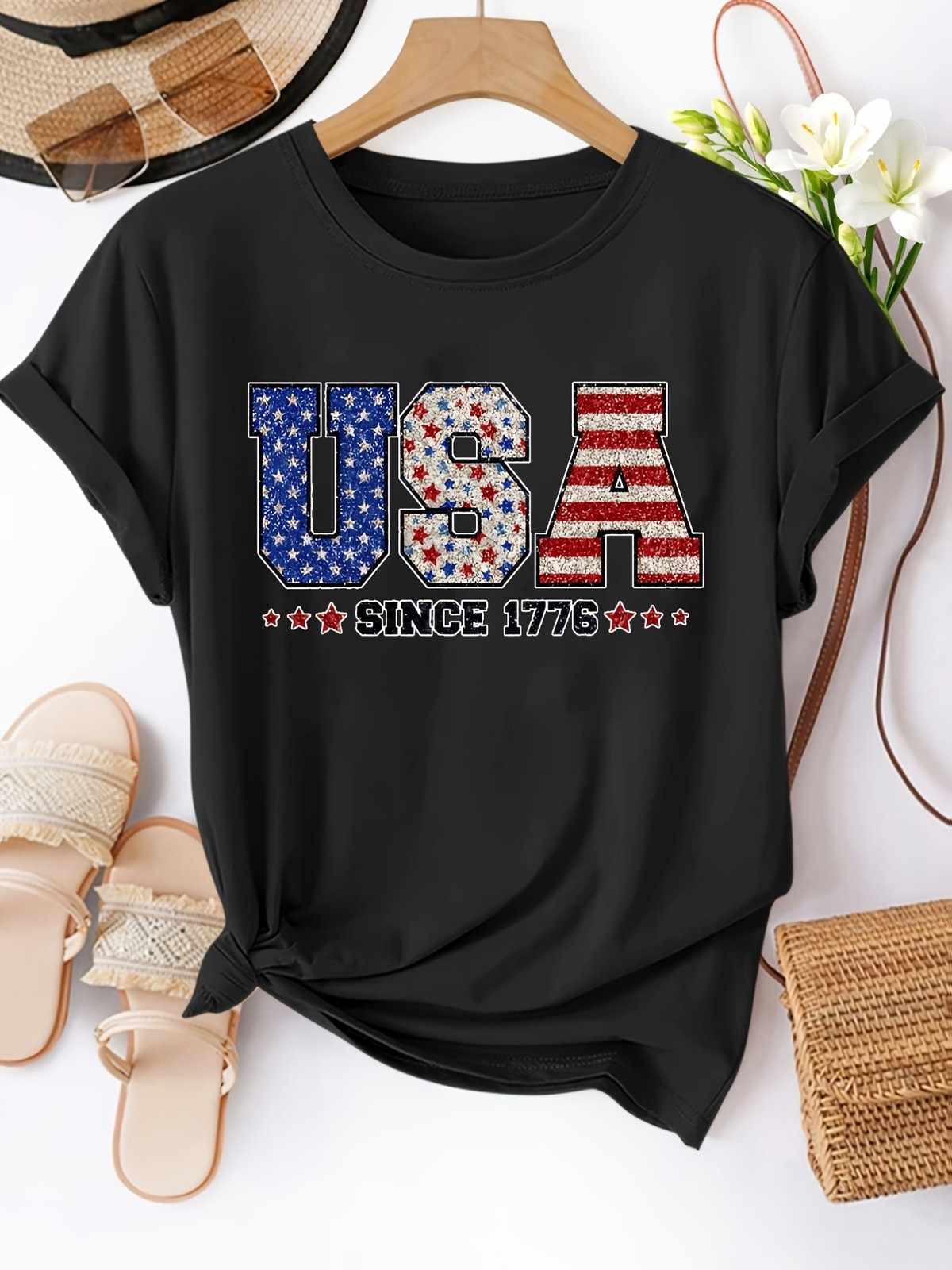 Women 1776 USA Flag 250th Anniversary Short Sleeve Round Neck T-shirt Pullover ❀