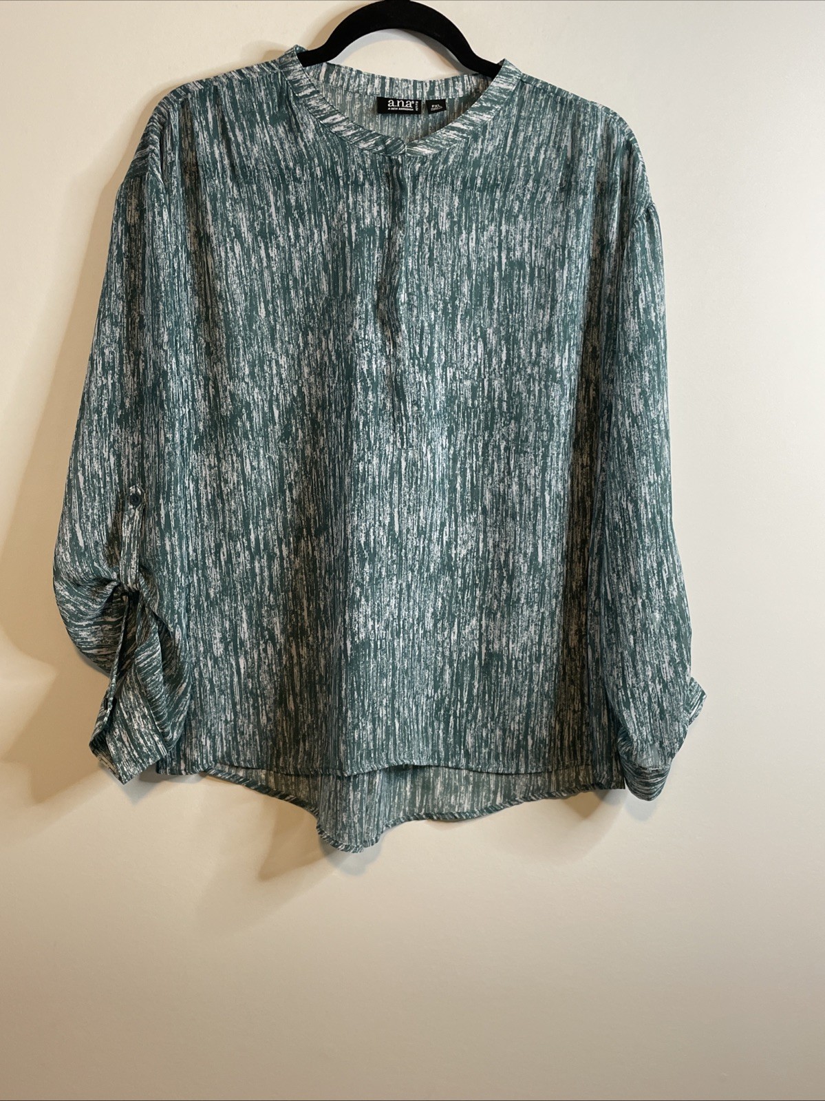 a.n.a A New Approach Petite XL Teal White Marled Blouse Long Sleeve Casual
