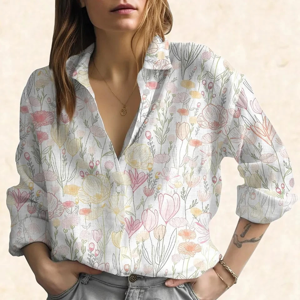 Pastel Wildflower Botanical Print Women’s Button Up Blouse Spring Nature Casual