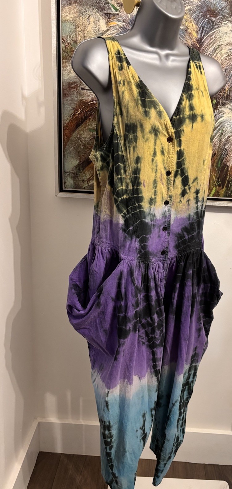Vintage 90s A Fine Line Jumpsuit Made in Pakistan Boho Tie Dye Harem Romper M
