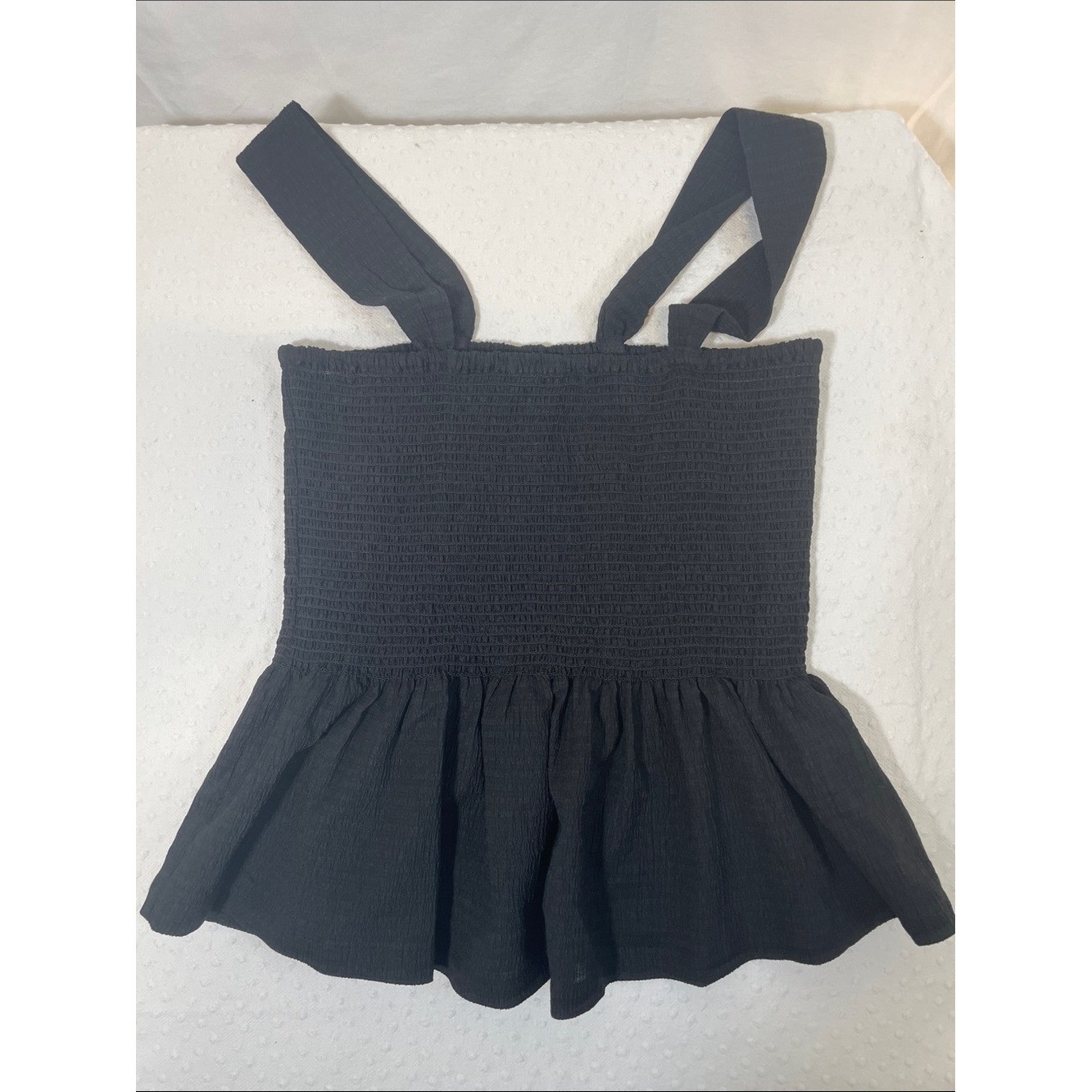 Madewell Black Smocked Peplum Camisole babydoll 90s crop tank romance boho poet