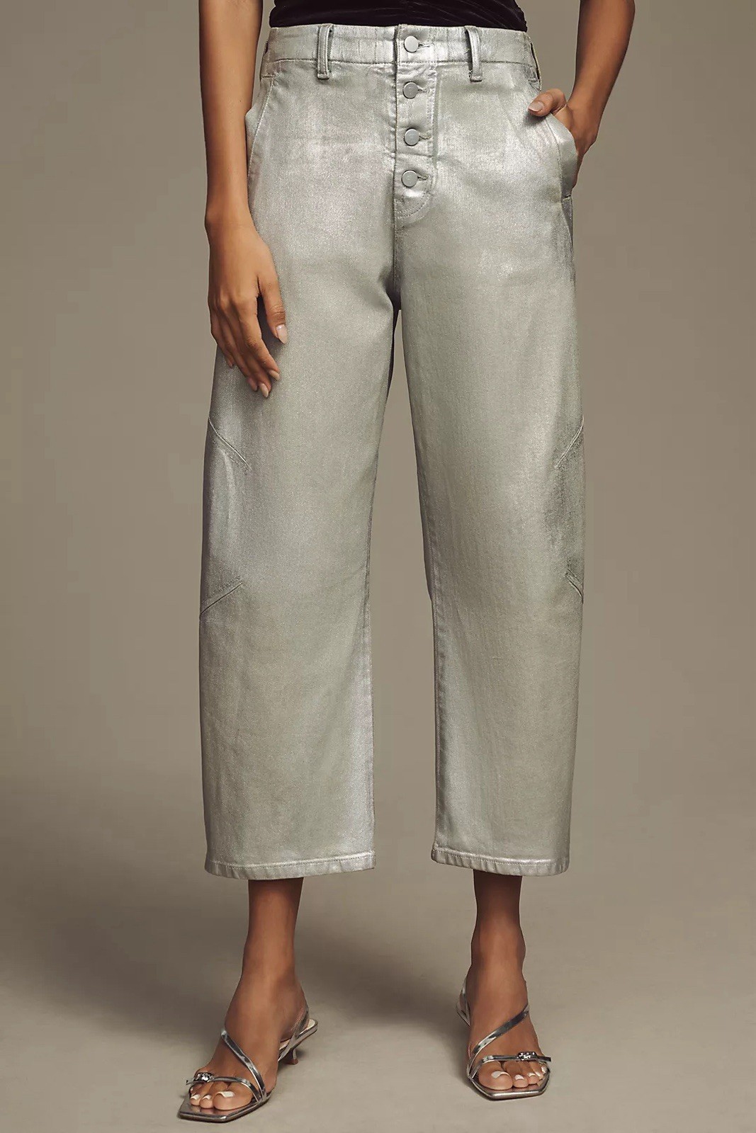 Pilcro Anthropologie Arin Mid Rise Crop Wide Barrel Jeans Coated Silver 26P