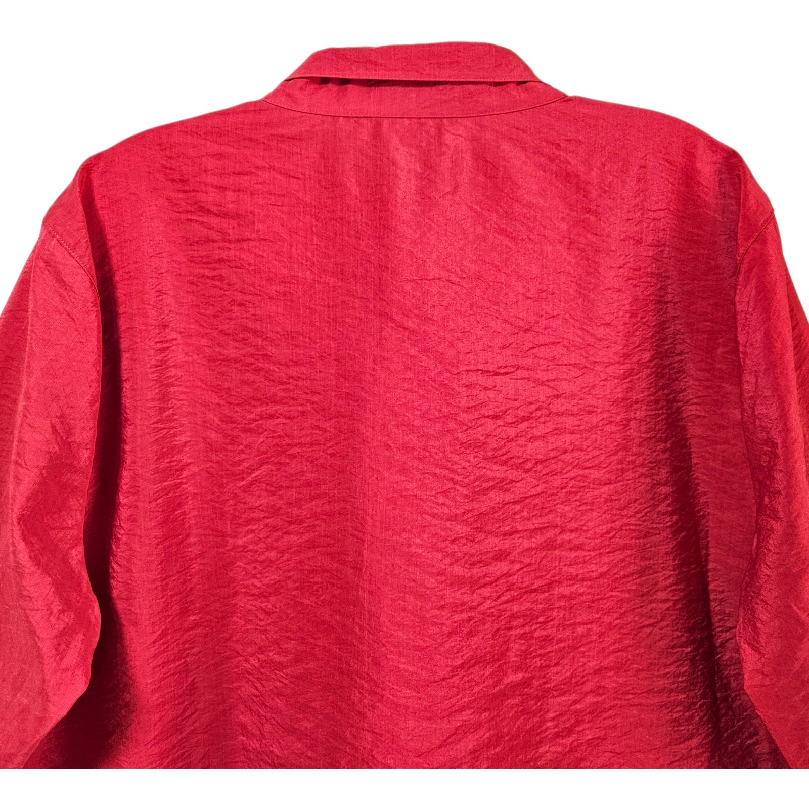 ALI MILES Women’s XL Tunic Blouse Red Crinkle Rectangle Buttons Wire Collar 46″