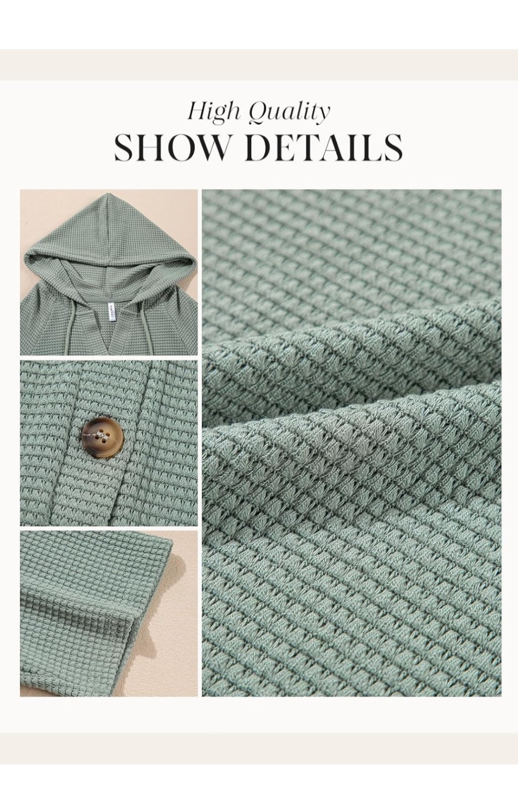 Women Waffle Knit Hooded Top Button Short Sleeve Drawstring Casual Shirt