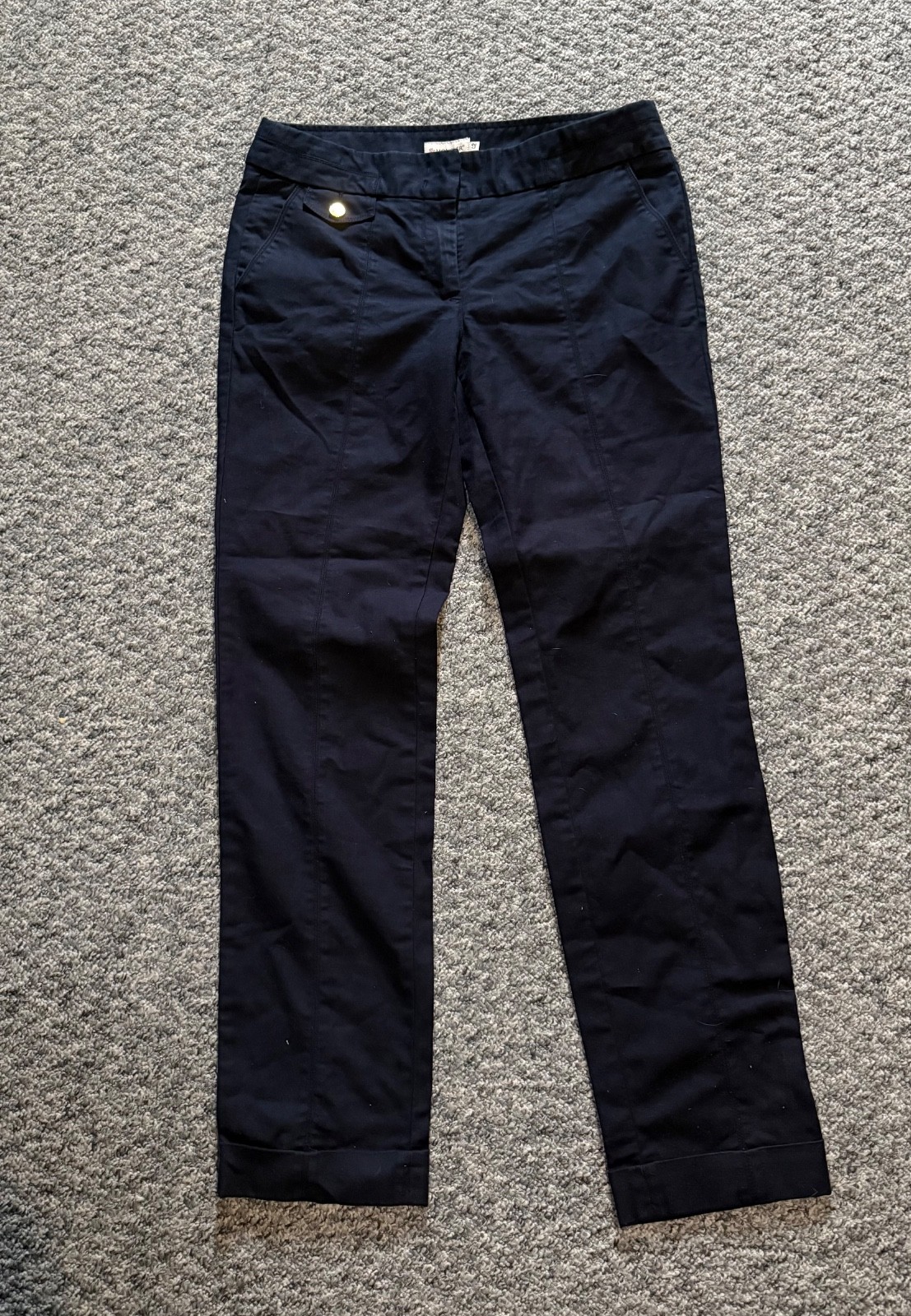 Moncler Women Navy Blue Cotton Chino Pants Gold Logo Button Trousers Size IT 42