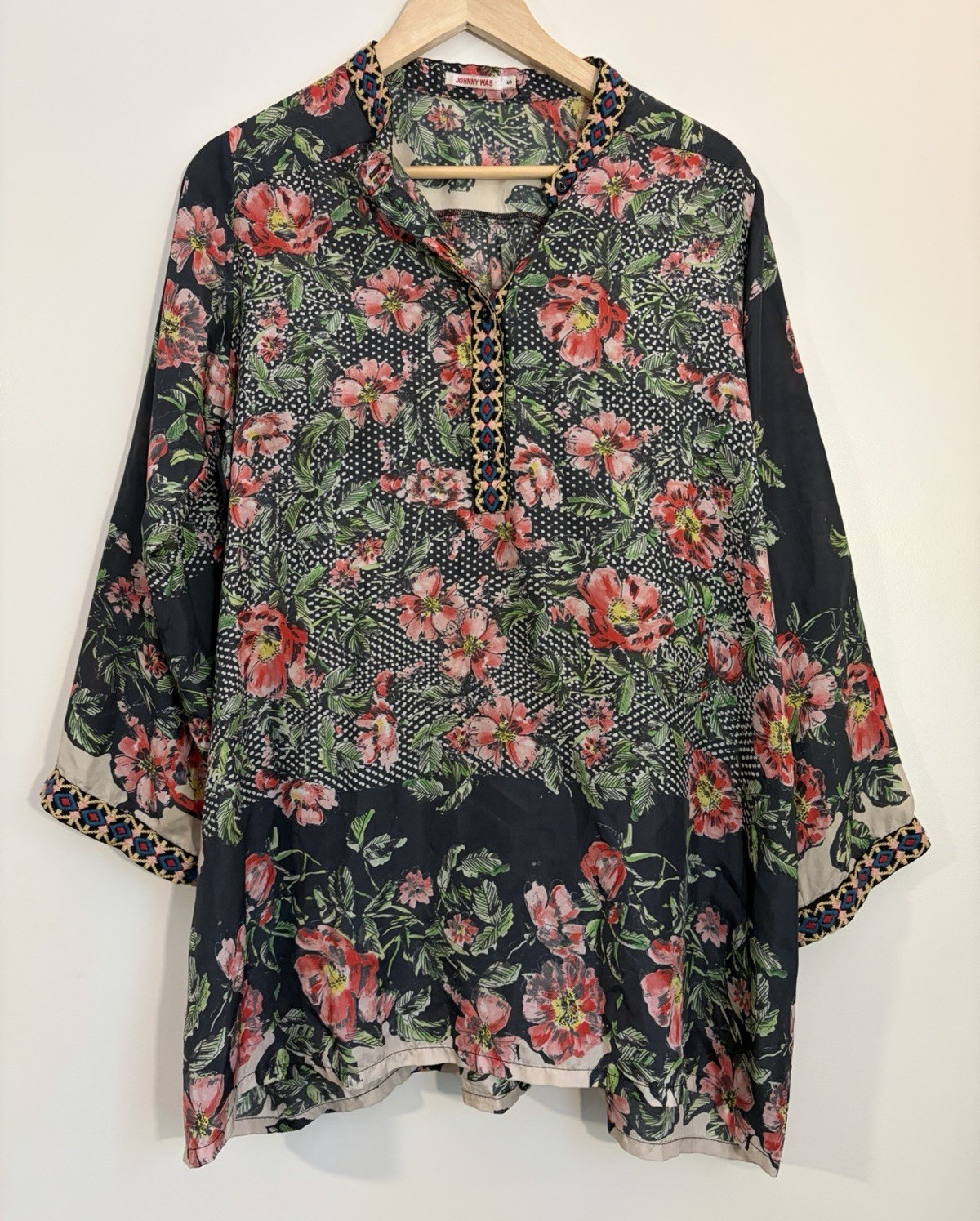 Johnny Was Silk Floral Tunic Blouse Embroidered Trim Boho Long Sleeve Size Small