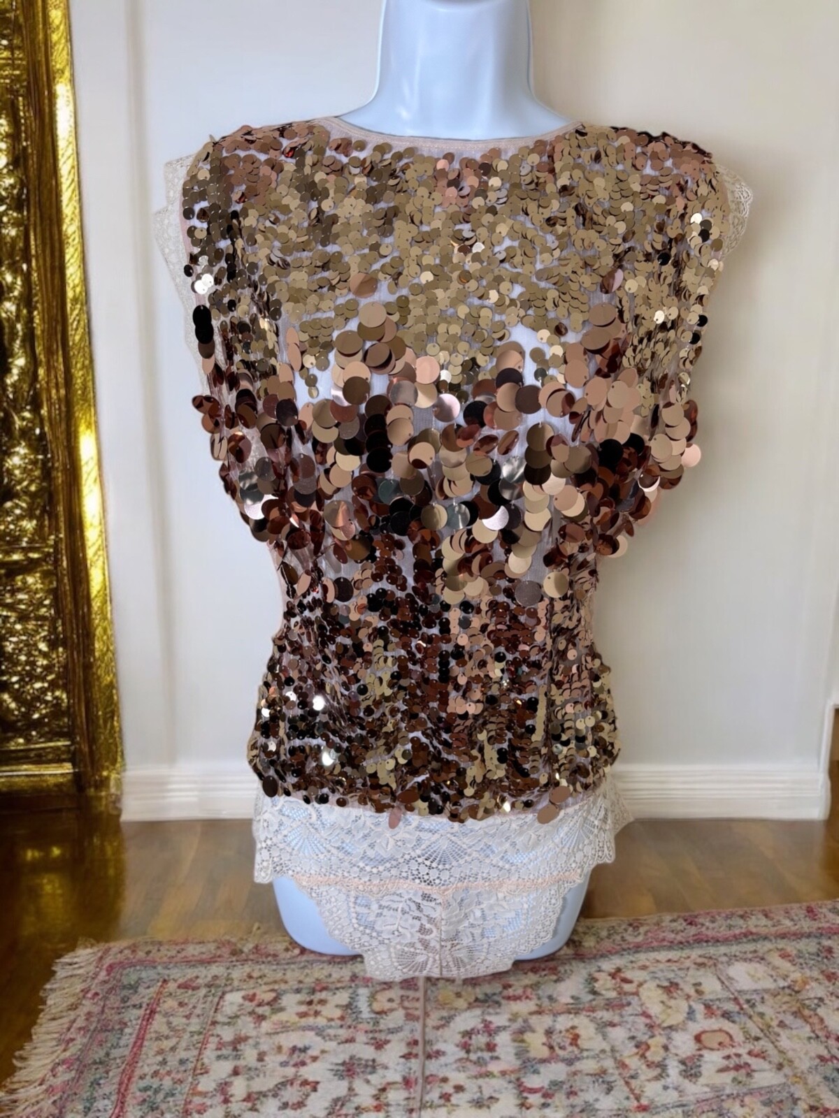 FREE PEOPLE Intimately GOLD Paillette SEQUIN Showgirl MAIN CHARACTER BODYSUIT XL