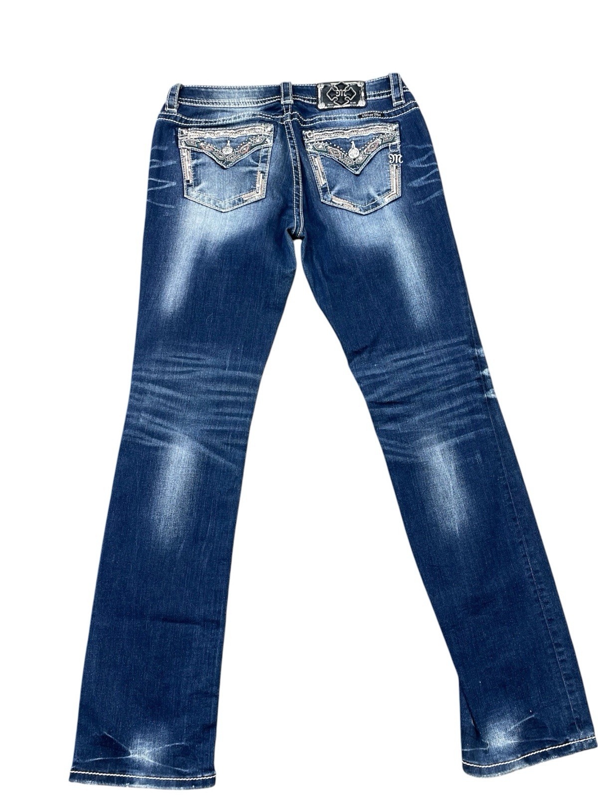 Miss Me Signature Straight Jeans 29 X 32 Bedazzled Flap Pocket Arrow Dark Wash