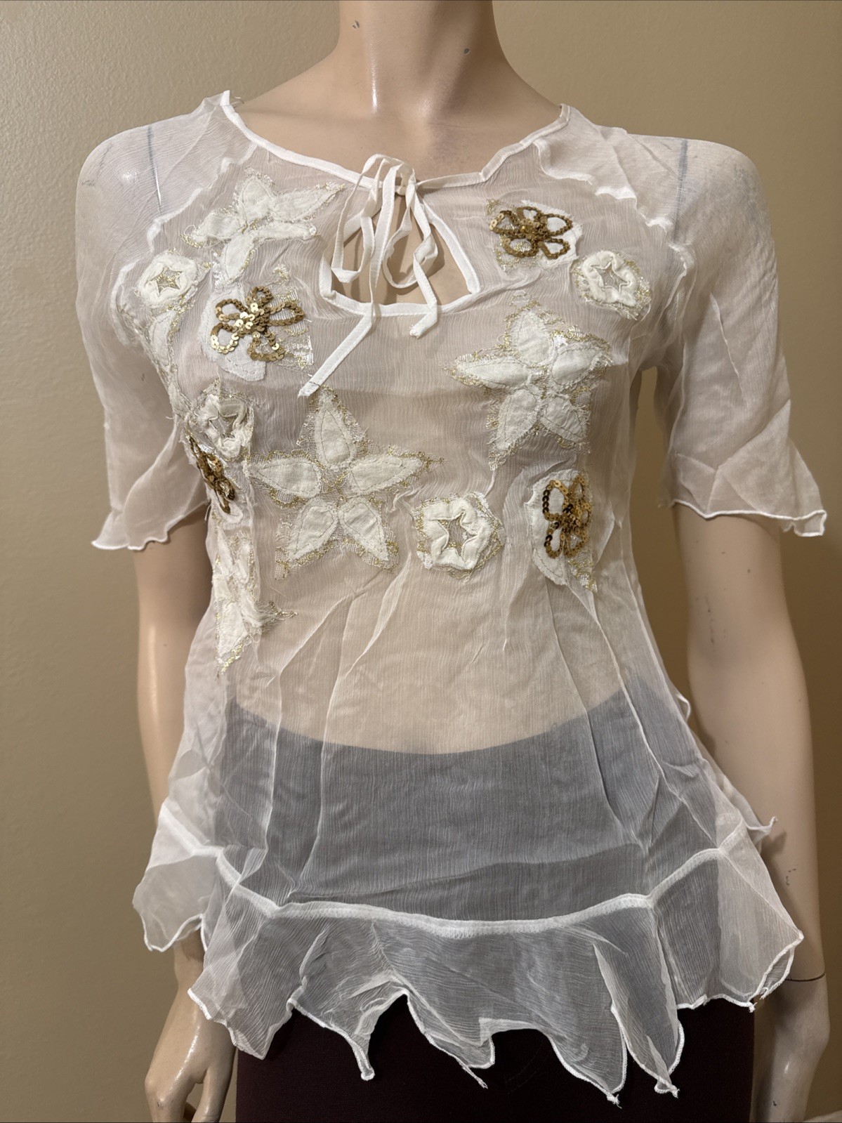Women’s White Silk Casual Summer Sheer Beaded Embroidered Lace Size S Blouse Top