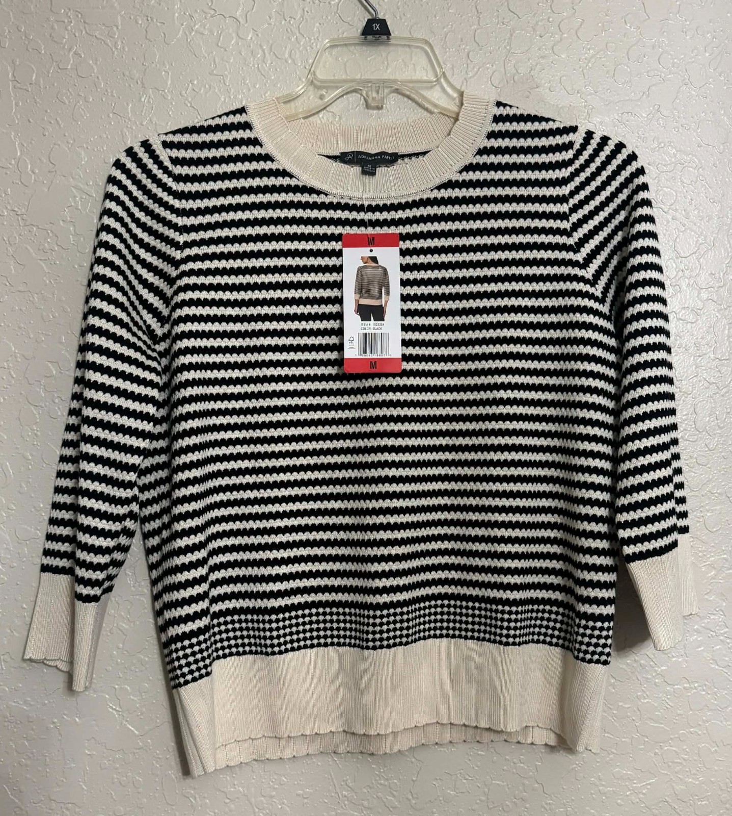 Adrianna Papell Knit Striped Pullover Sweater Black Beige Crew Neck L 3/4 Sleeve