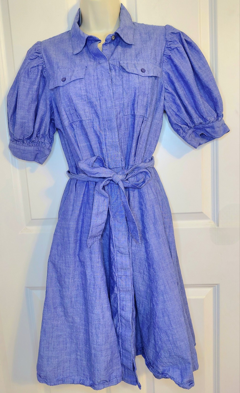 Calvin Klein Cotton Chambray Puff-Sleeve Belted Shirtdress Blue 6 Preppy Utility
