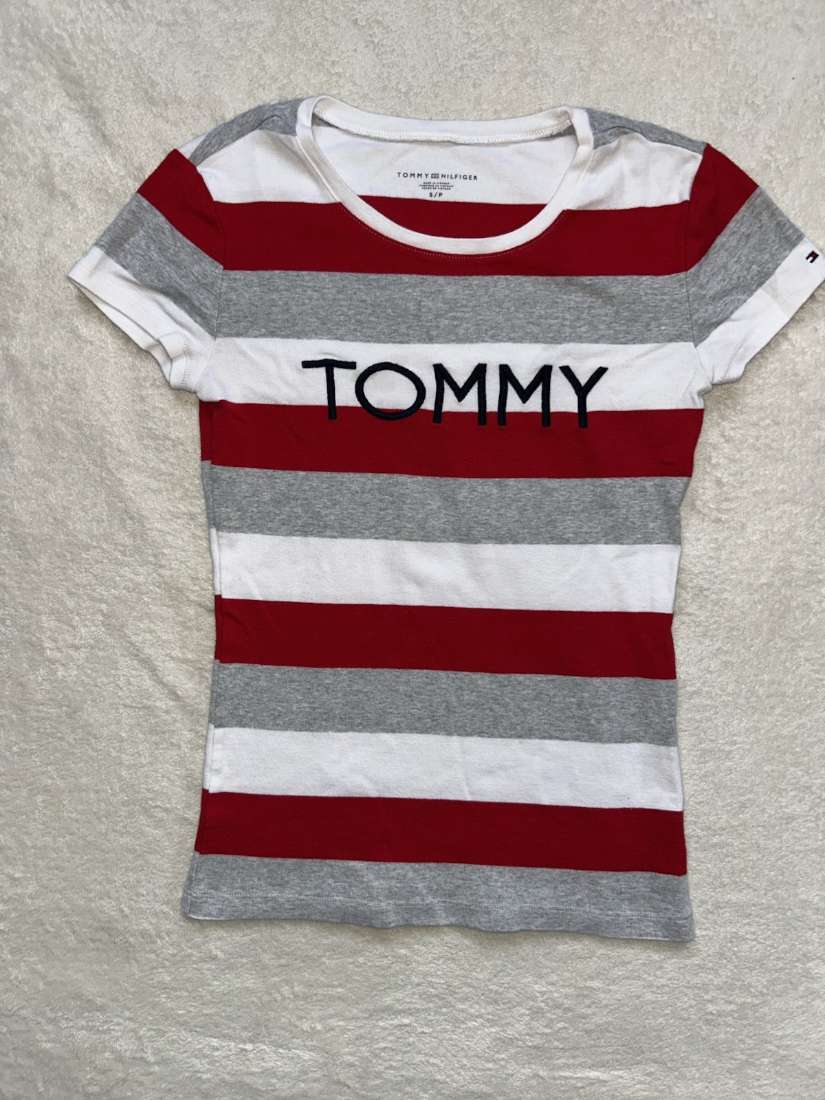 Tommy Hilfiger Women’s Teens Shirt Small Striped Fitted T-Shirt Red White Gray