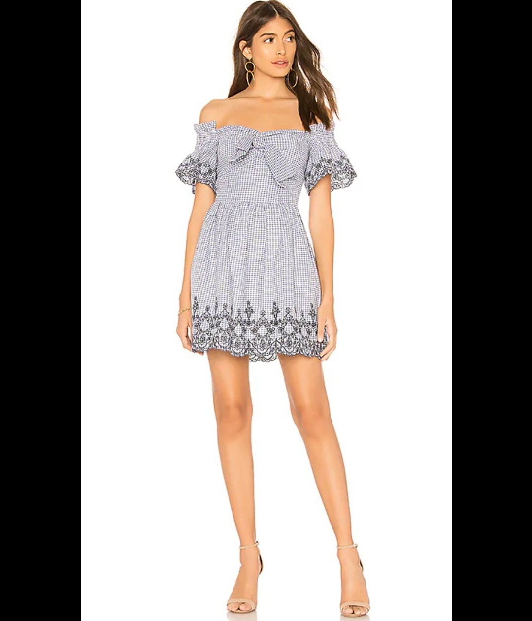 Anthropologie JOA White & Blue Off Shoulder Eyelet Swing Dress size M