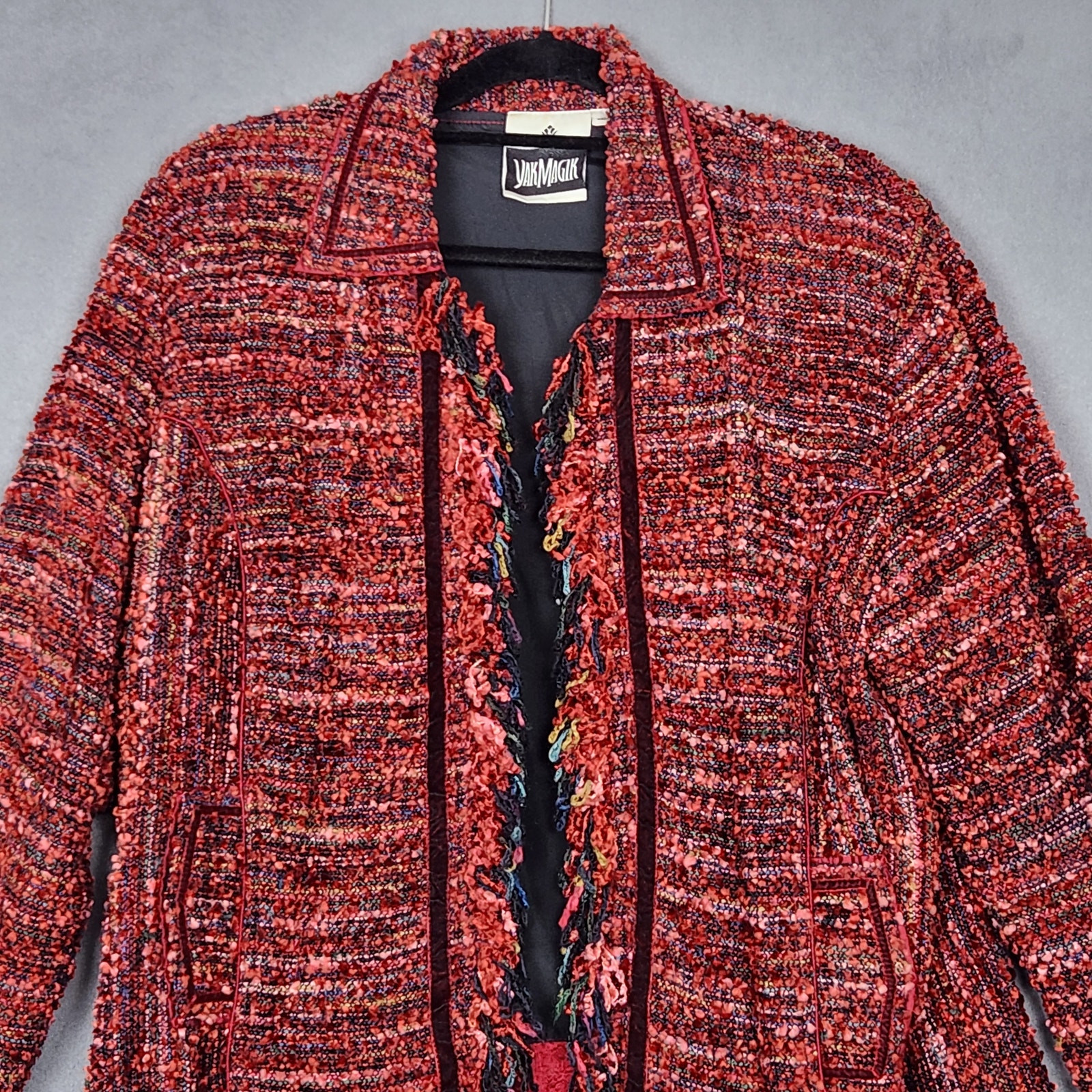 YAK MAGIK Blazer Womens XL Red Open Front Fringe Detail Collared Silk Nepal